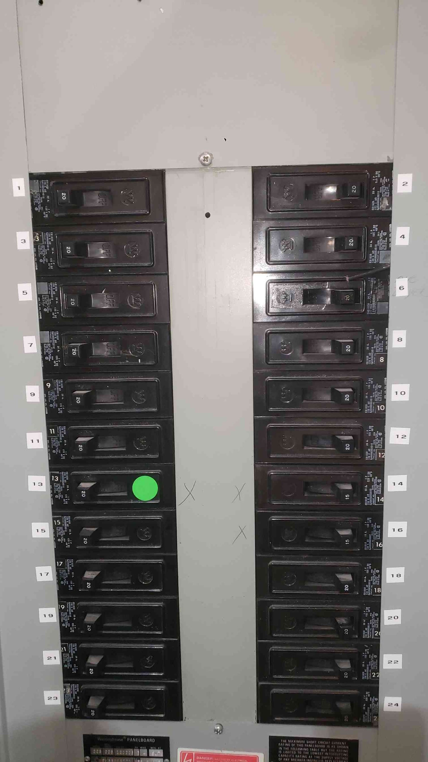 Westinghouse 225A 120/208V 3 Phase Panelboard Loaded With 20A Breakers 24 Circuit