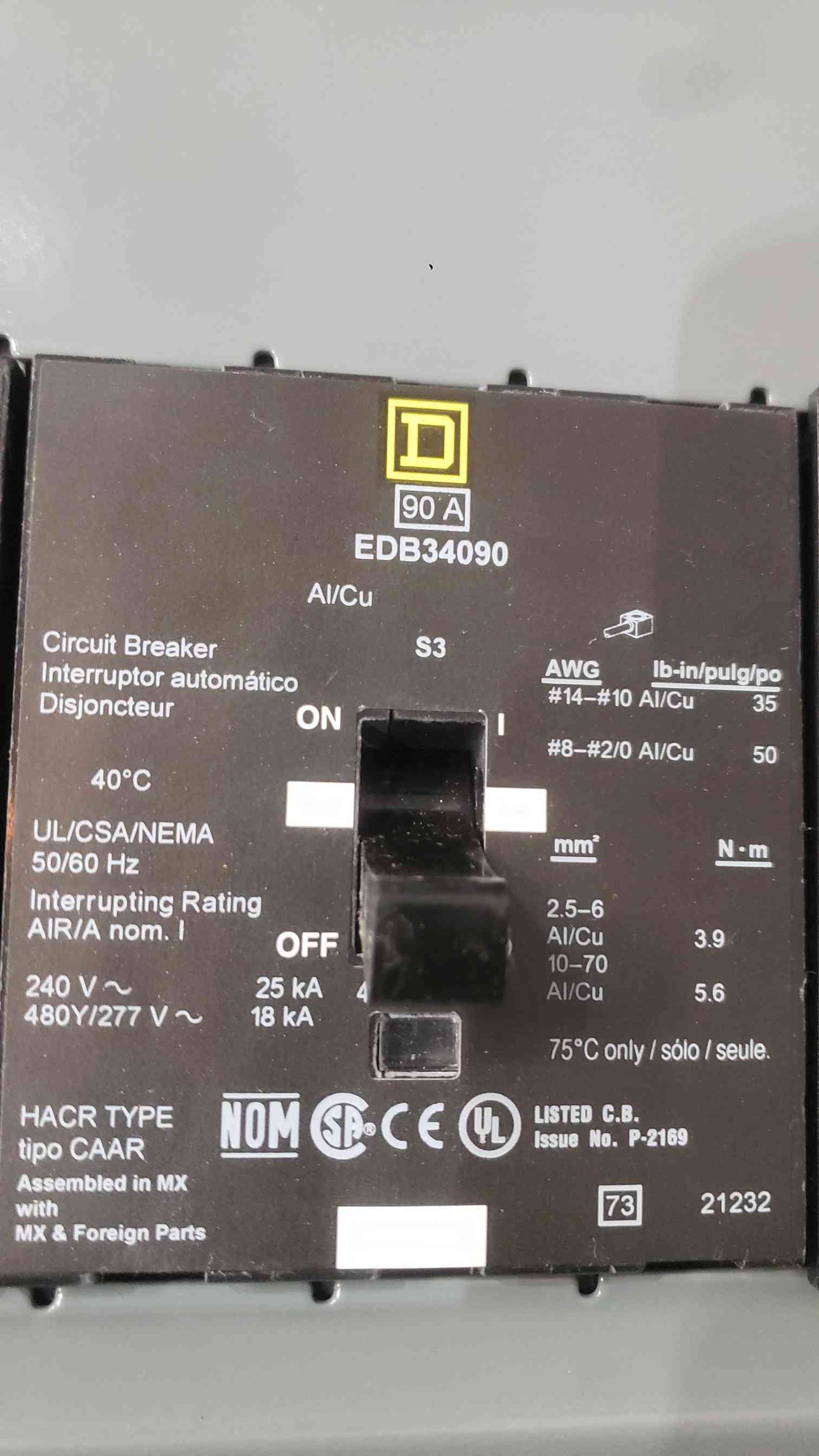 Square D NF 200A 480Y/277V 3 Phase Panelboard 200A Main EDB 90A 50A 30A 3-Pole Breaker