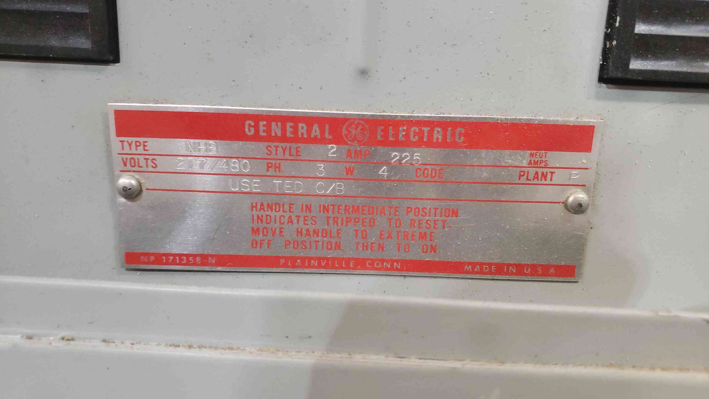 GE NHB 225A 277/480V 3 Phase Panelboard 8x TED Triple Pole & 18x Single Pole Breaker