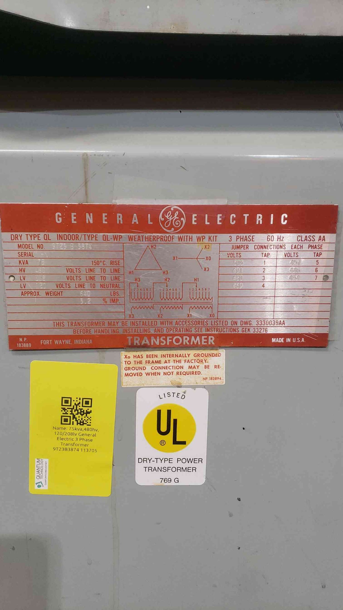 GE 9T23B3874 75 KVA 3 Phase Dry Type Transformer 480V to 208Y/120V Type QL