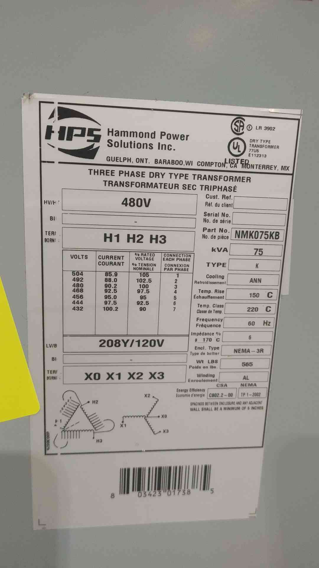 Hammond NMK075KB 75 KVA 3 Phase Dry Type Transformer 480V to 208Y/120V NEMA 3R