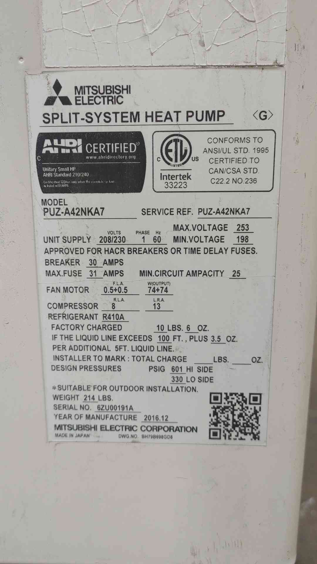 Mitsubishi PUZ-A42NKA7 42000 BTU 3.5 Ton P-Series Outdoor Heat Pump Condenser