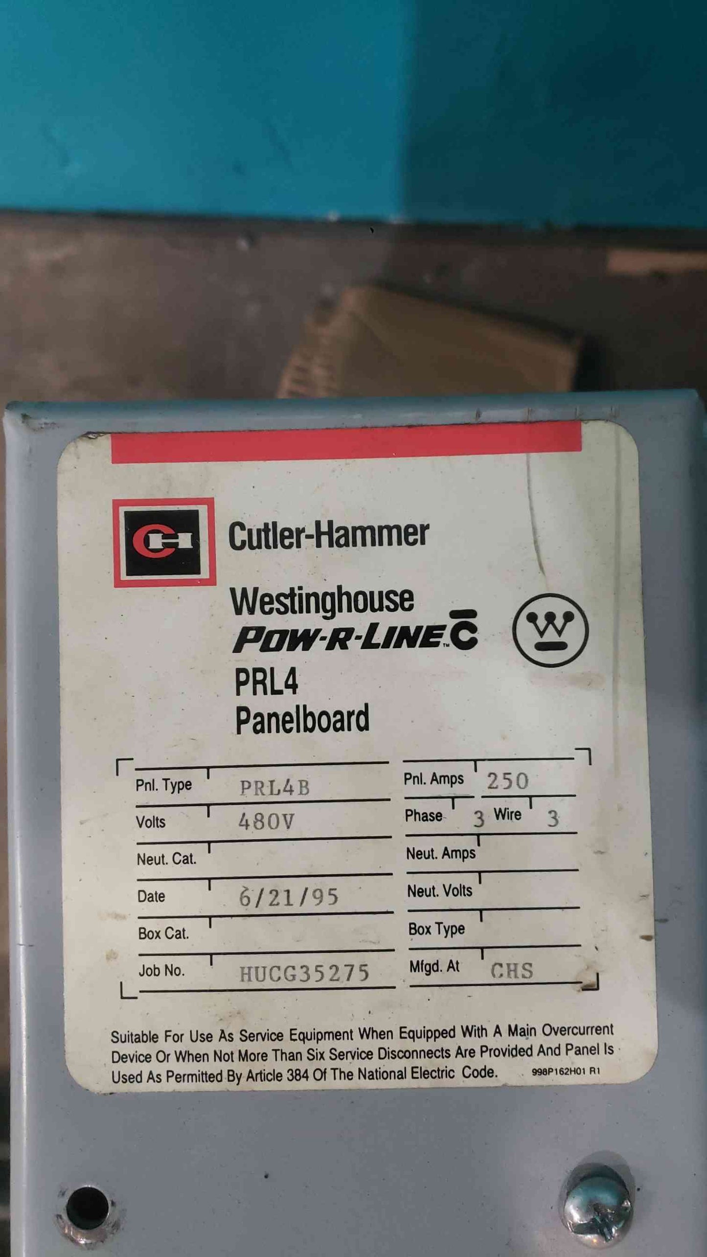 Cutler-Hammer Pow-R-Line PRL4 Panelboard 480V 250A 3 Phase 3P Breakers Included