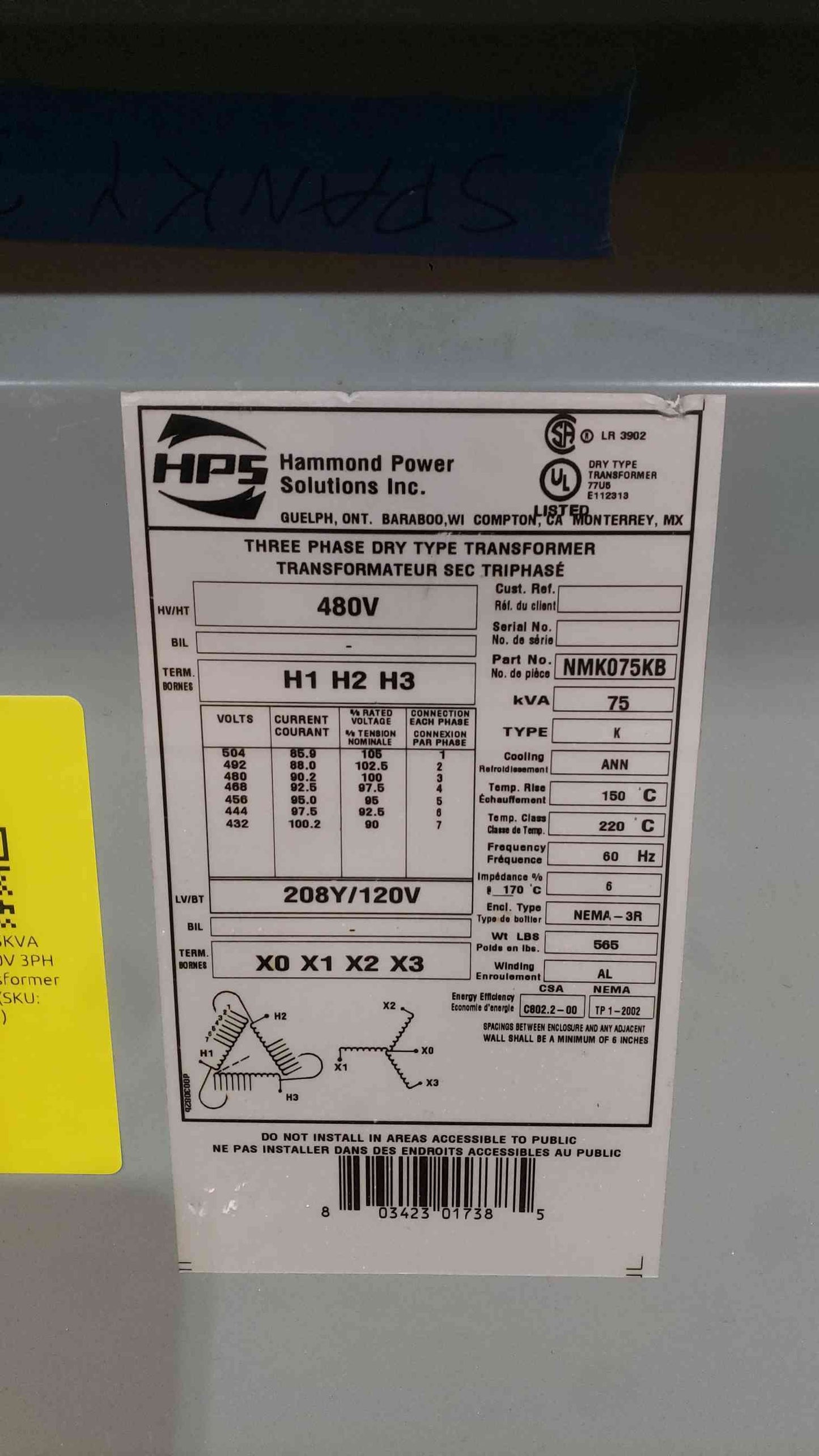 Hammond NMK075KB 75KVA 3 Phase Dry Type Transformer 480V to 208Y/120V NEMA 3R