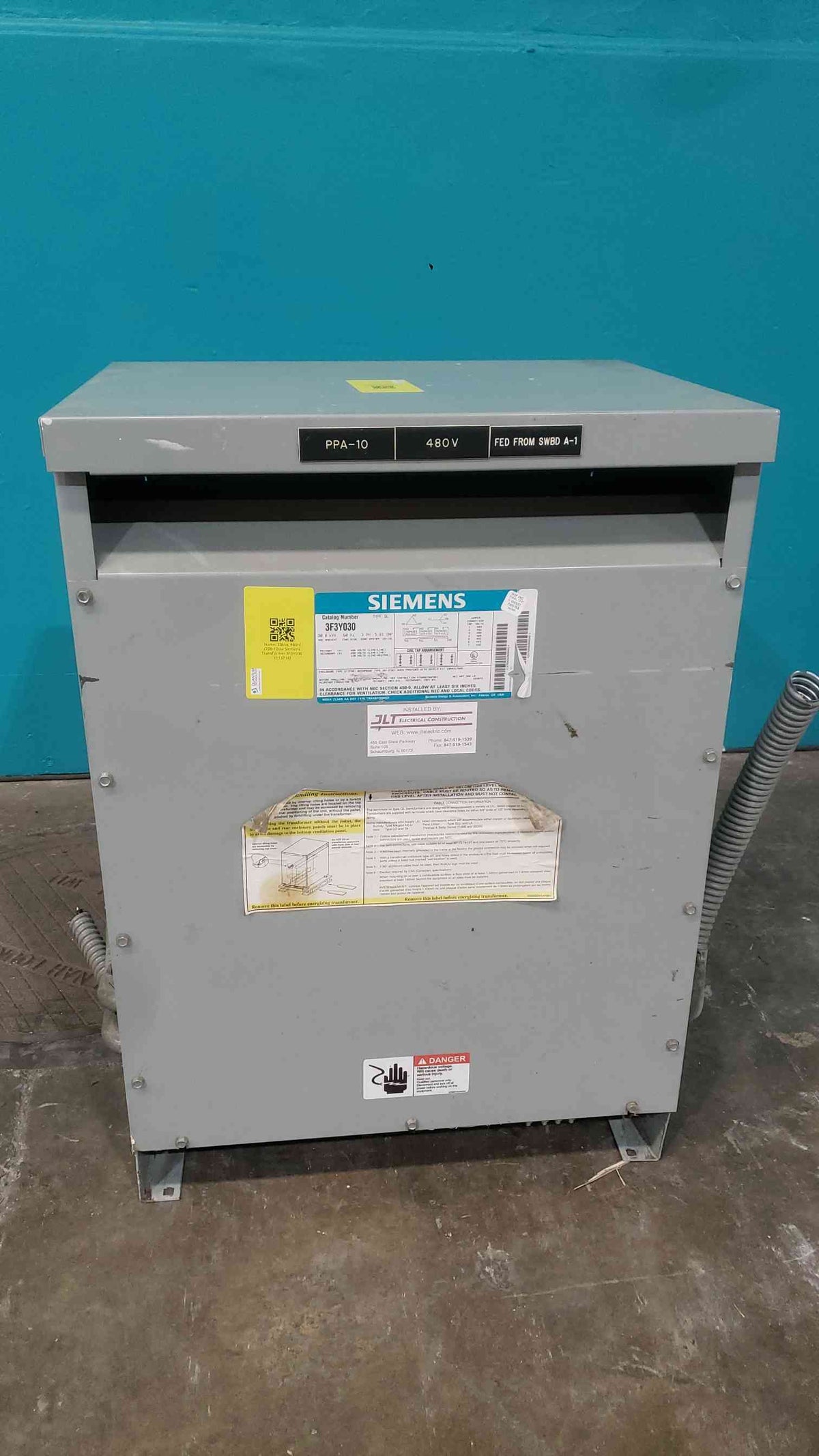 Siemens 3F3Y030 30 KVA 3 Phase Dry Type Transformer 480V to 208Y/120V Step Down