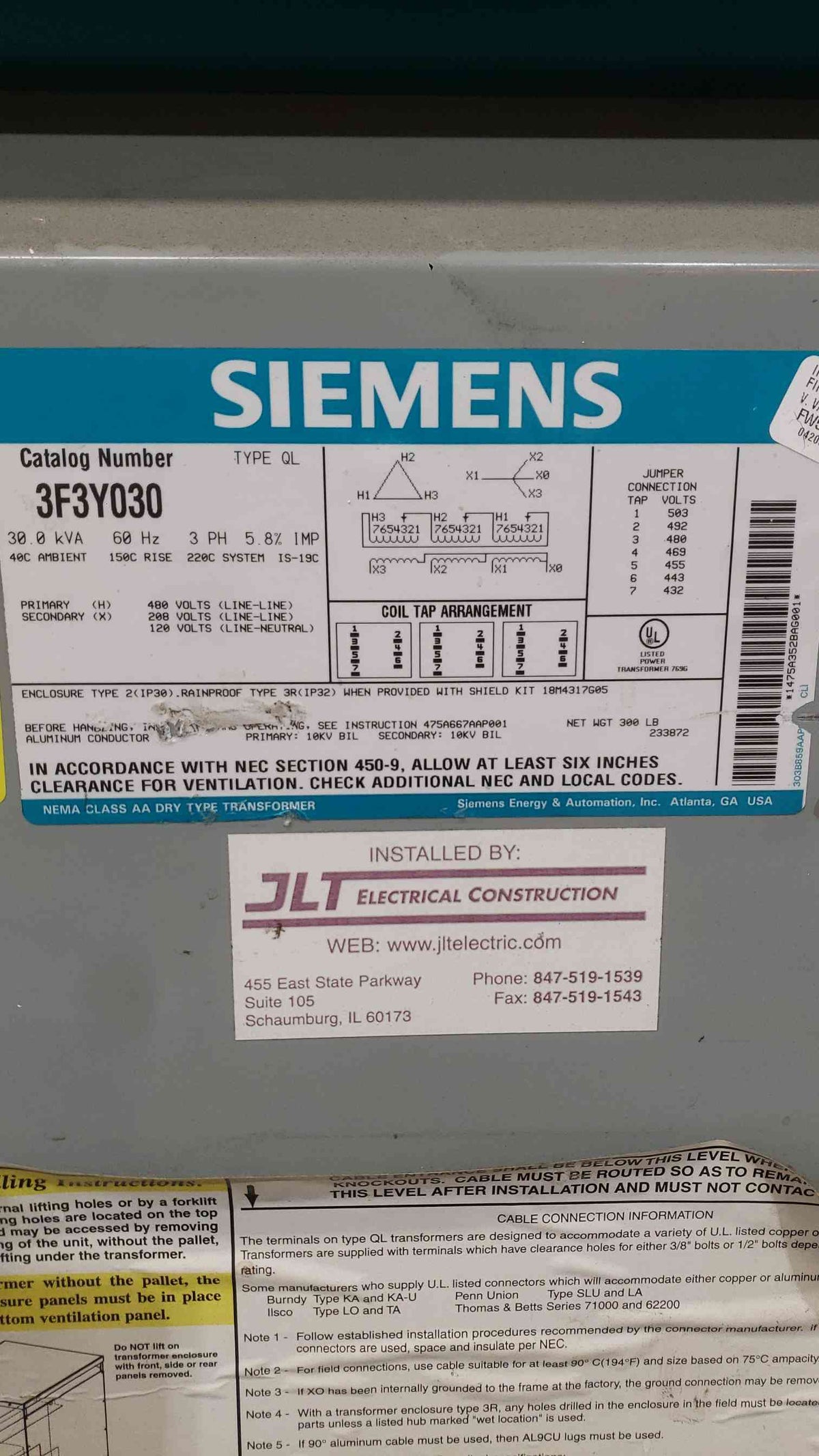 Siemens 3F3Y030 30 KVA 3 Phase Dry Type Transformer 480V to 208Y/120V Step Down