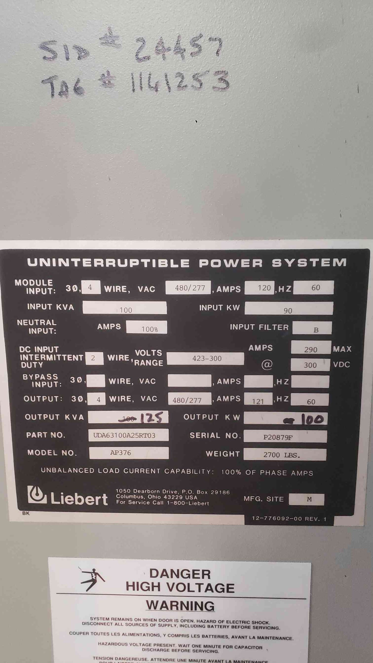 Liebert AP376 100kVA 125kVA Series 300 UPS Power Module Cabinet UDA63100A25RT03