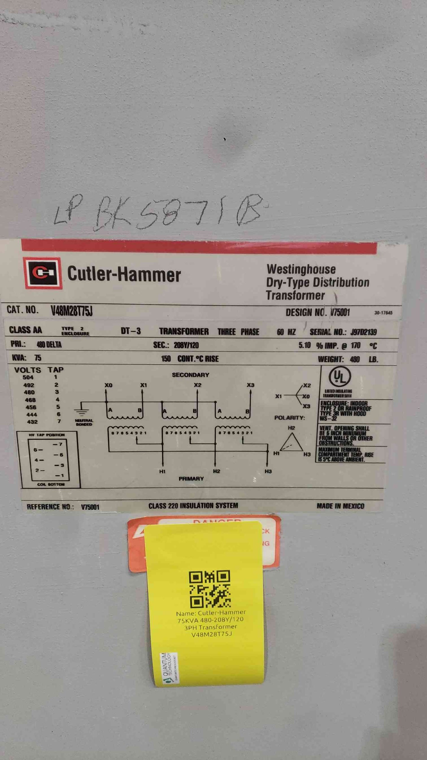 Cutler Hammer V48M28T75J 75KVA 3 Phase Dry Transformer 480V to 208Y/120V DT-3
