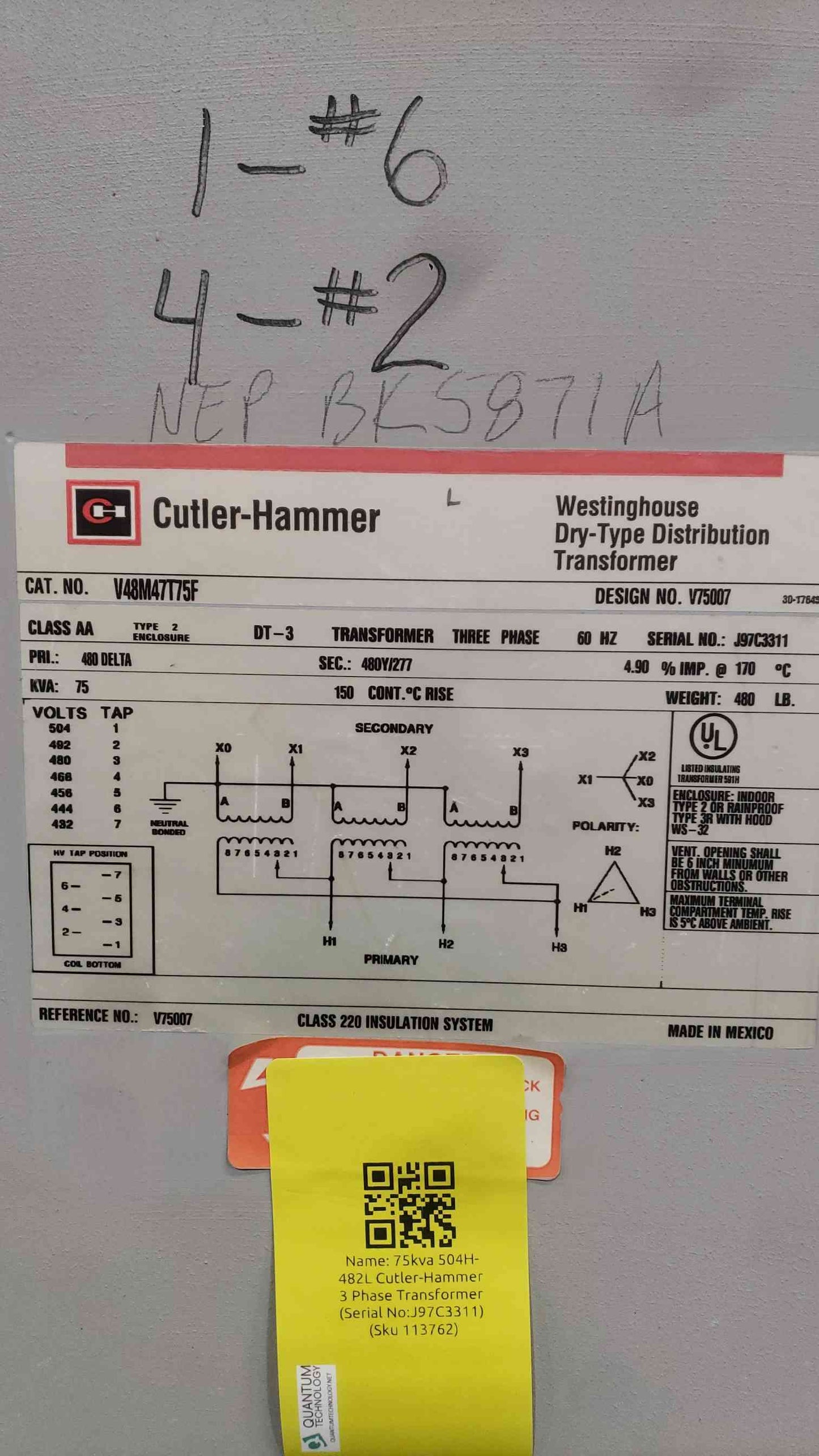 Cutler Hammer V48M47T75F 75KVA 3PH Dry Transformer 480V to 480Y/277V DT-3