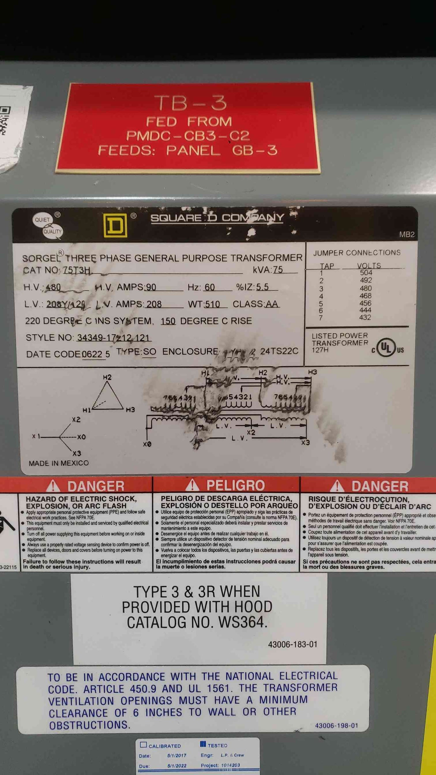 Square D Sorgel 75T3H 75 kVA 3 Phase Isolation Transformer 480V To 208Y/120V 75kVA
