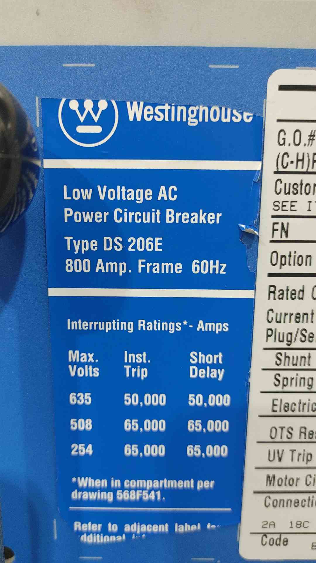 Westinghouse 800A 635V Max Low Voltage AC Power Circuit Breaker DS 206E (SKU: 113804)