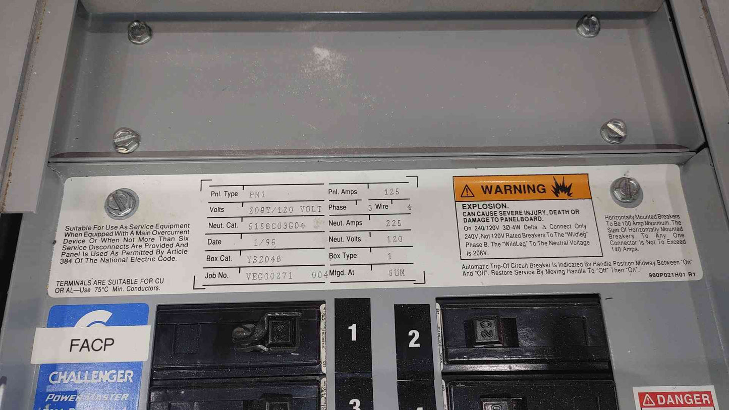 Challenger PowerMaster 125A 208Y/120V 3 Phase Panelboard 125 Amp Main 34 Breakers