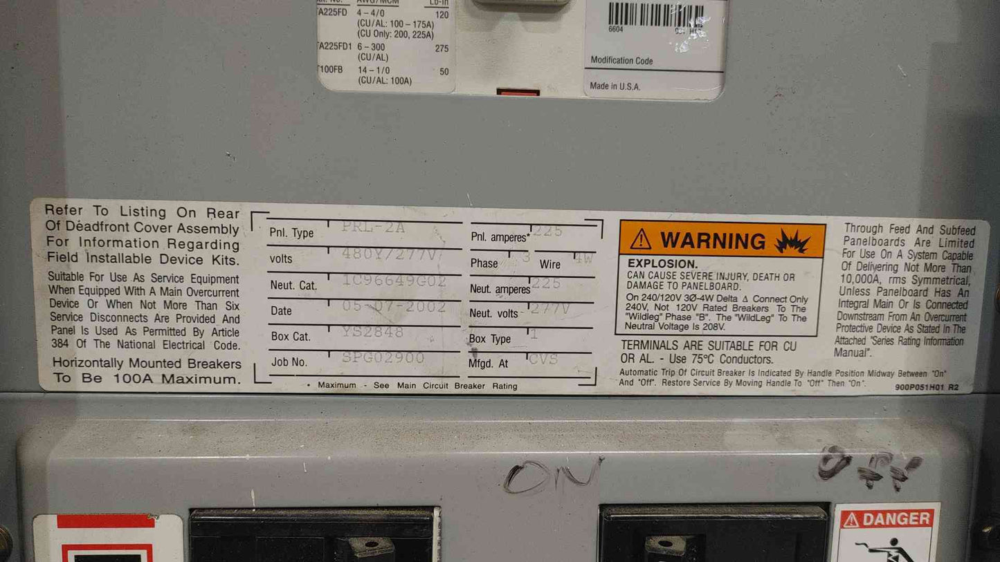 Cutler-Hammer PRL2A 225A Main 480Y/277V 3 Phase 42 Ckt Lighting Panelboard Loaded