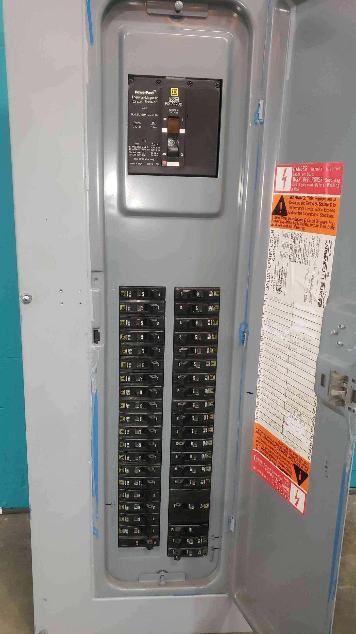 Square D QO 42 Space Panelboard 200A 3 Phase 240V W/ PowerPact KDL32200 Main