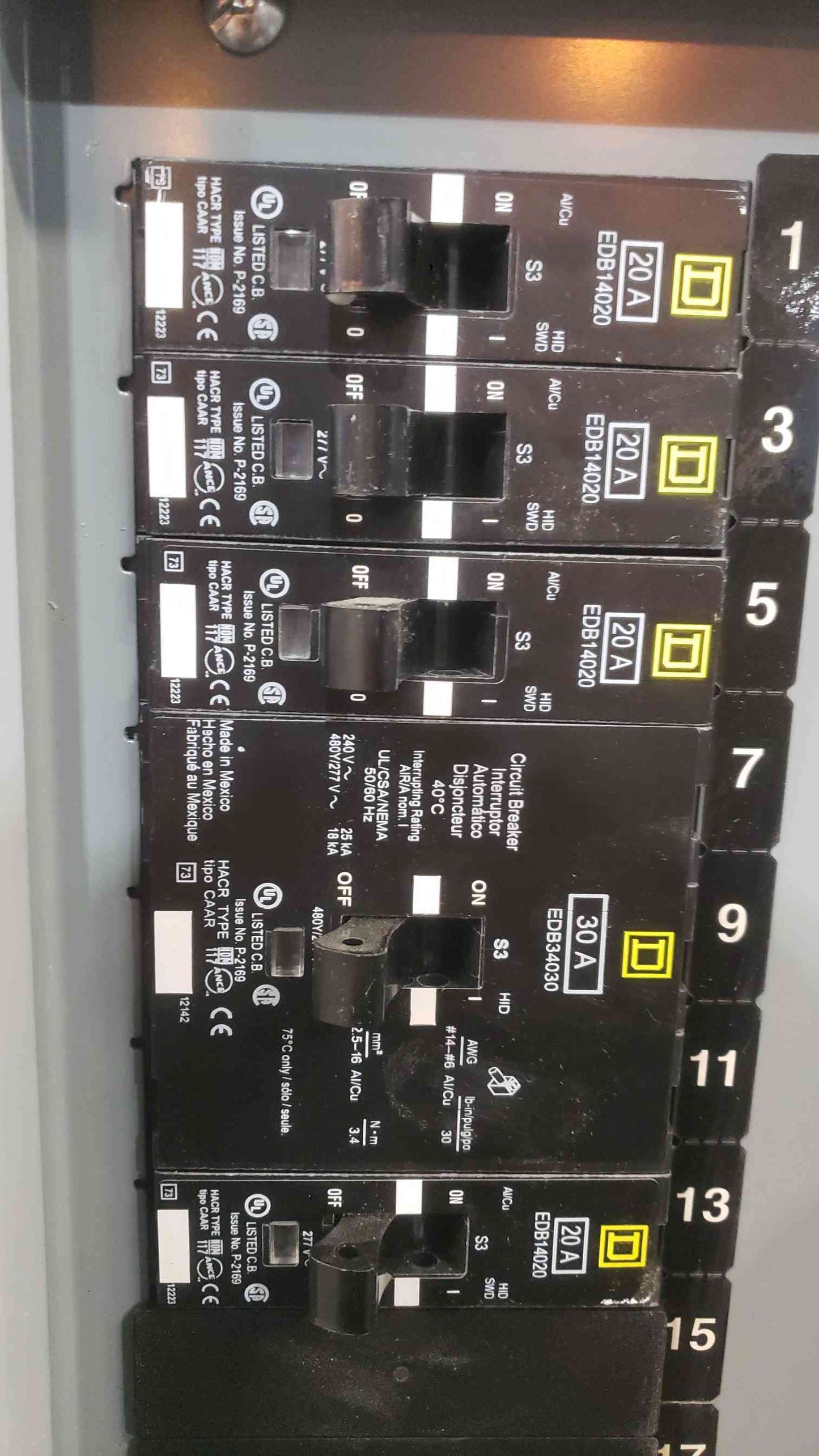 Square D NF 125A 480Y/277V 3 Phase Panelboard 3x EDB 3-Pole 6x 1-Pole Breaker NF430L1C