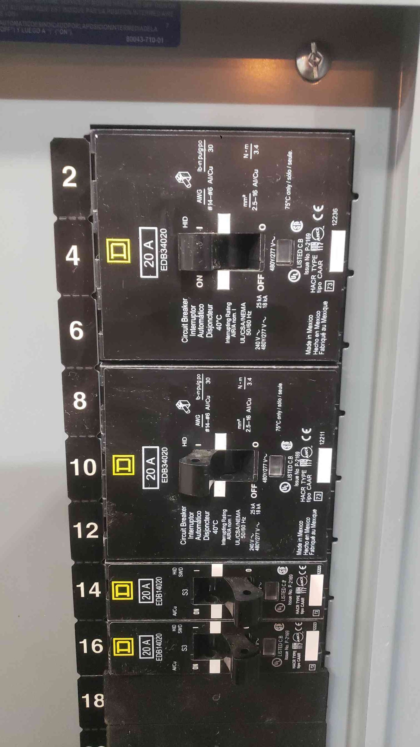 Square D NF 125A 480Y/277V 3 Phase Panelboard 3x EDB 3-Pole 6x 1-Pole Breaker NF430L1C