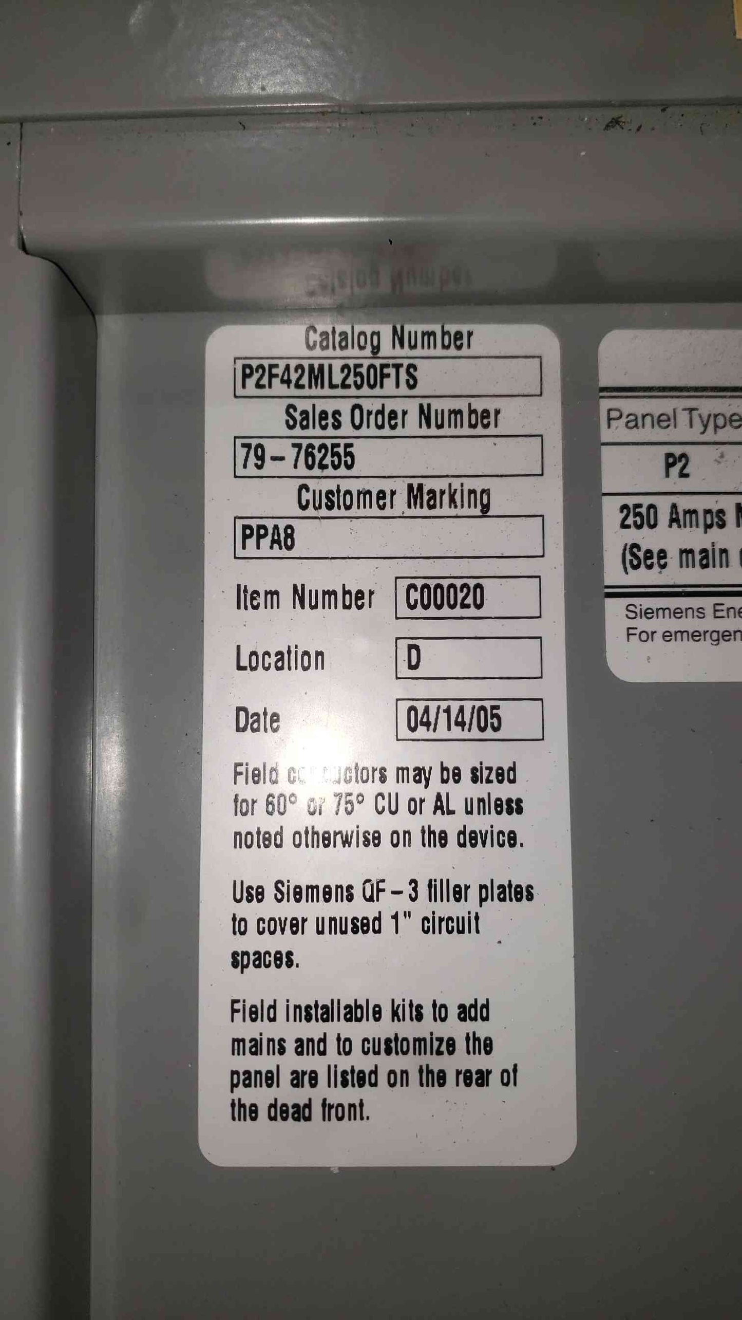 Siemens P2 250A 480V 3ph Panelboard 2x 100A 9x 30A 3-Pole Breaker P2F42ML250FTS
