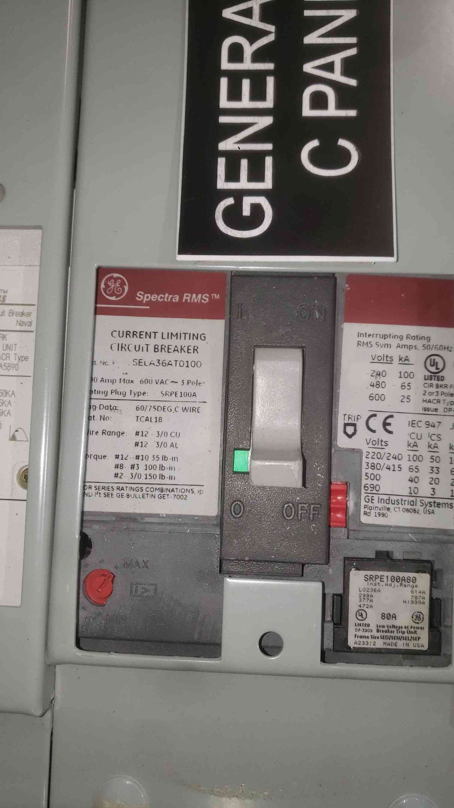 GE Spectra Series Power Panelboard 480V 3-Phase Populated 16x 3-Pole Breakers AsIs