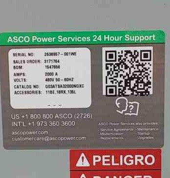 ASCO Series 300 2000A 480V 3PH Closed Transition ATS Switch G03ATSA32000NGXC