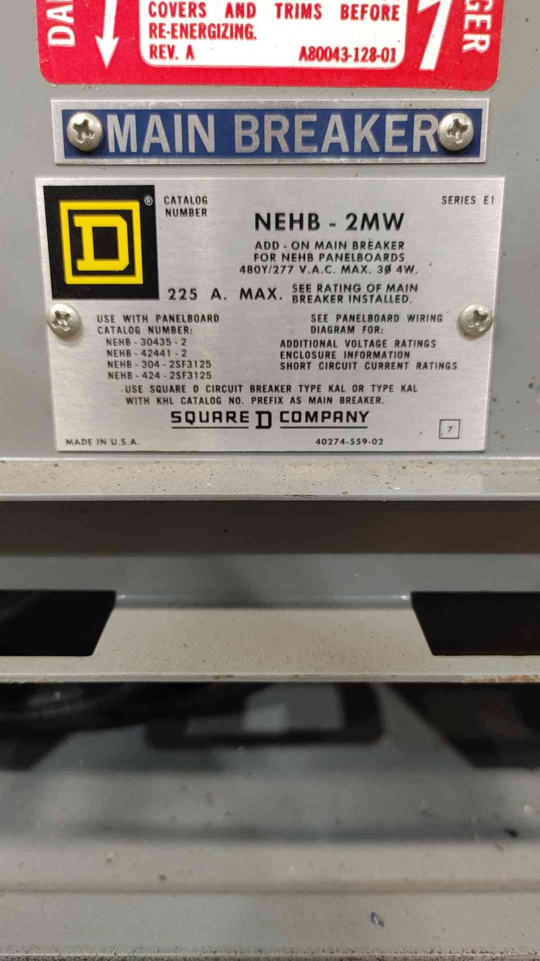 Square D NEHB-30435-2 225A 480Y/277V 3Ph Panelboard Main Breaker 20x20A Used