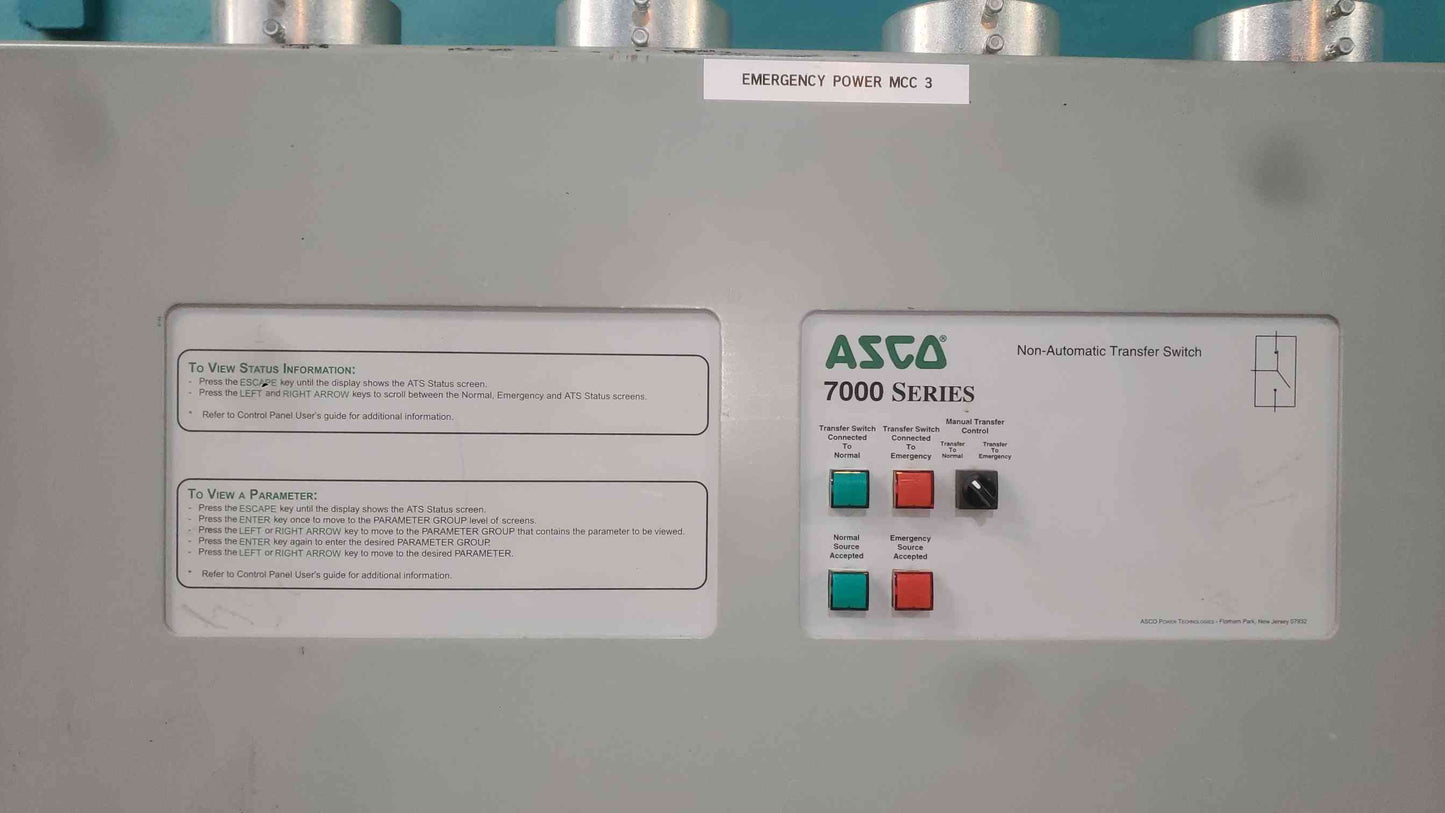 ASCO 7000 Series 1000A Non-Automatic Transfer Switch H7NTSA31000N5XC 480V 3PH