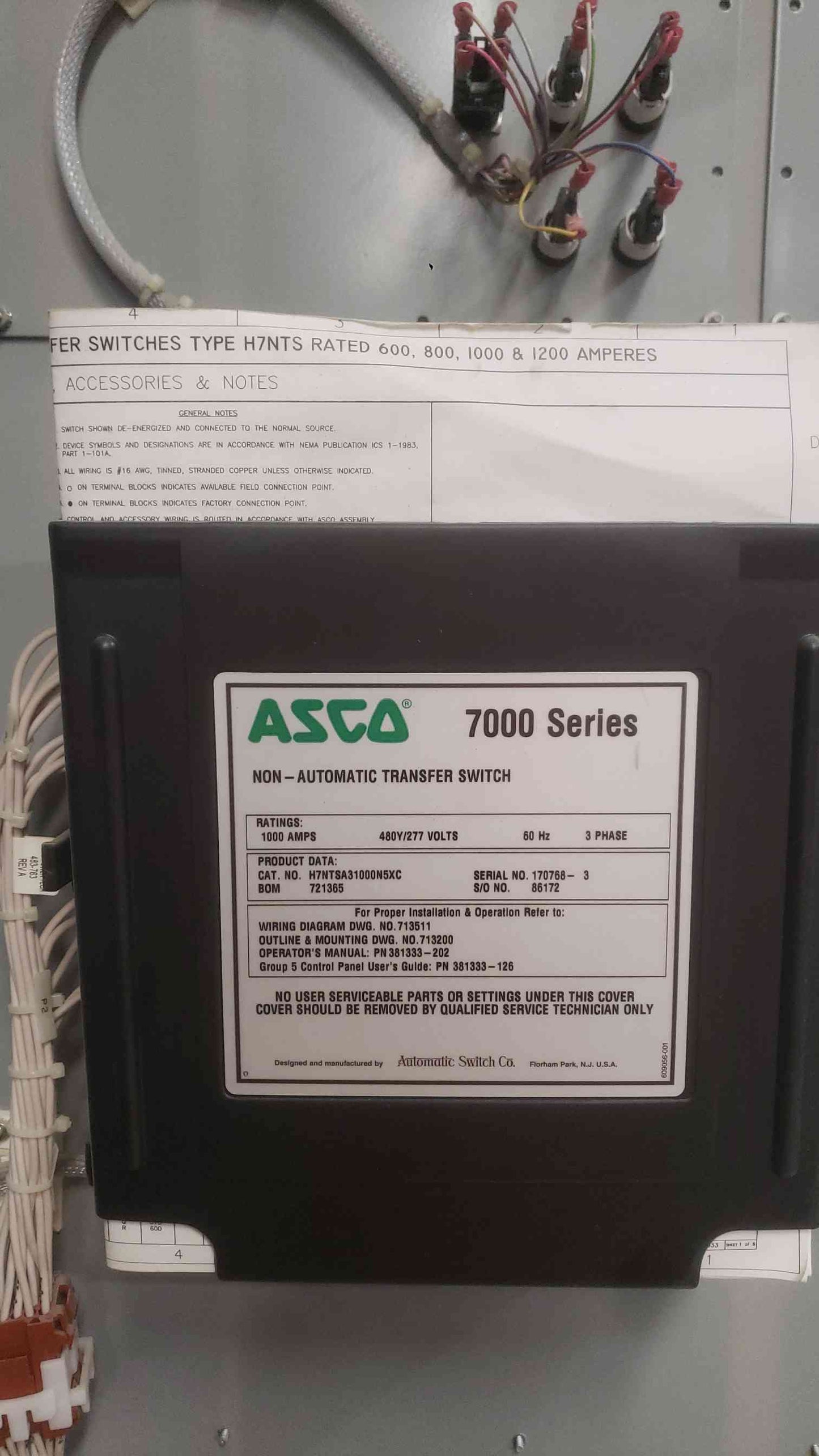 ASCO 7000 Series 1000A Non-Automatic Transfer Switch H7NTSA31000N5XC 480V 3PH