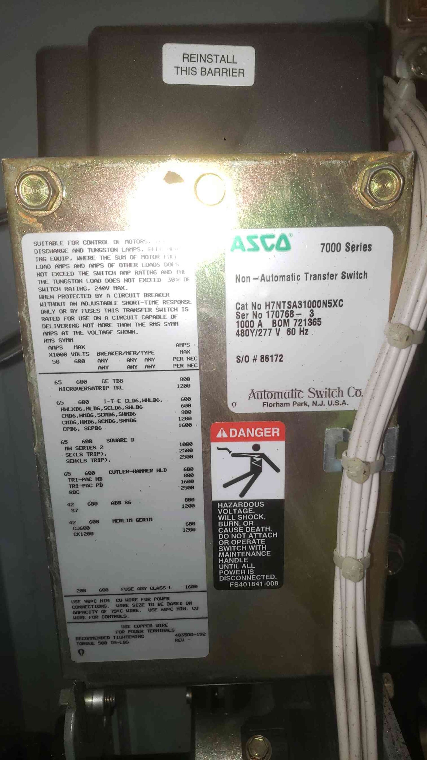 ASCO 7000 Series 1000A Non-Automatic Transfer Switch H7NTSA31000N5XC 480V 3PH