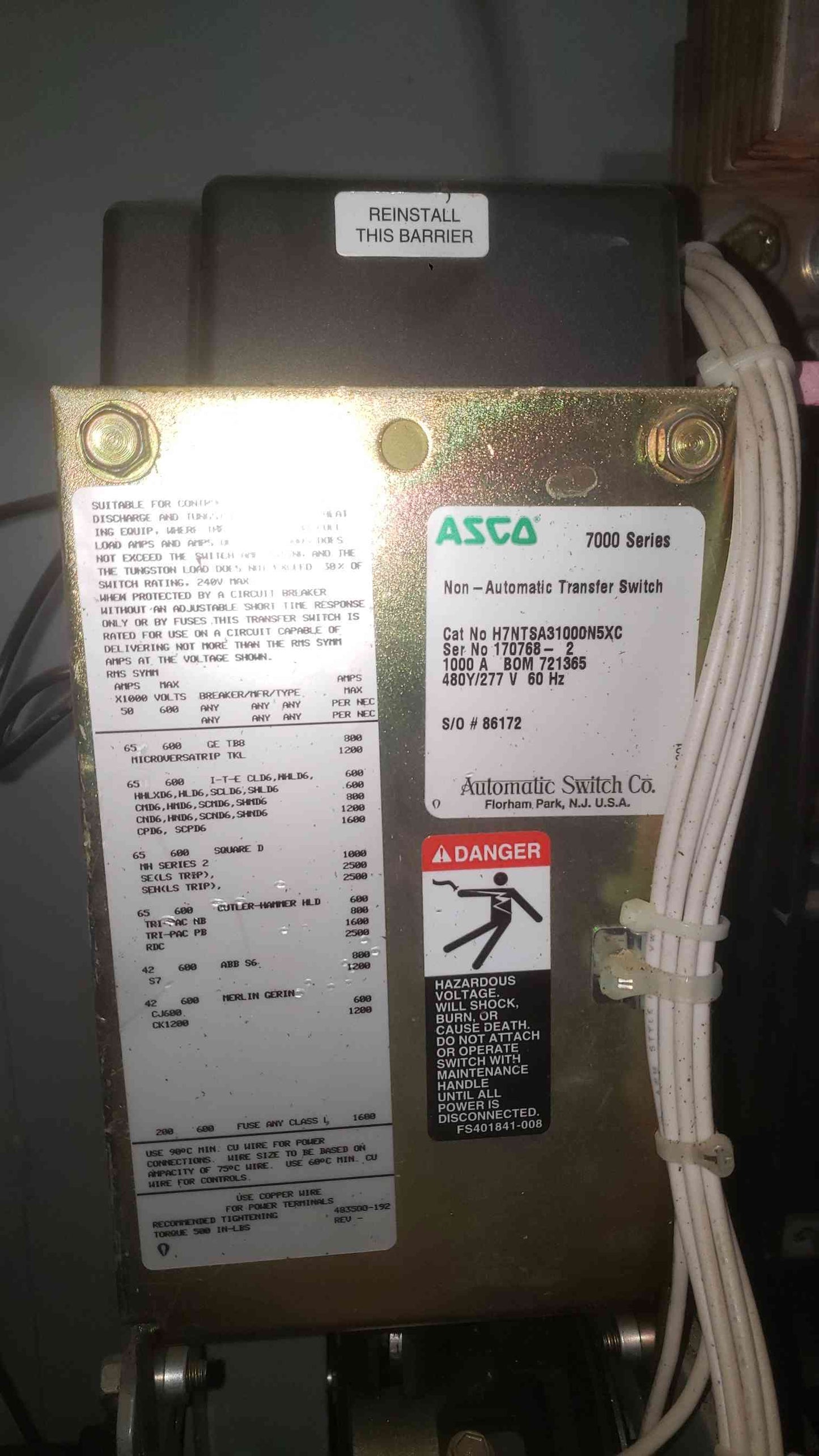 ASCO 7000 Series 1000A Non-Automatic Transfer Switch H7NTSA31000N5XC 480V