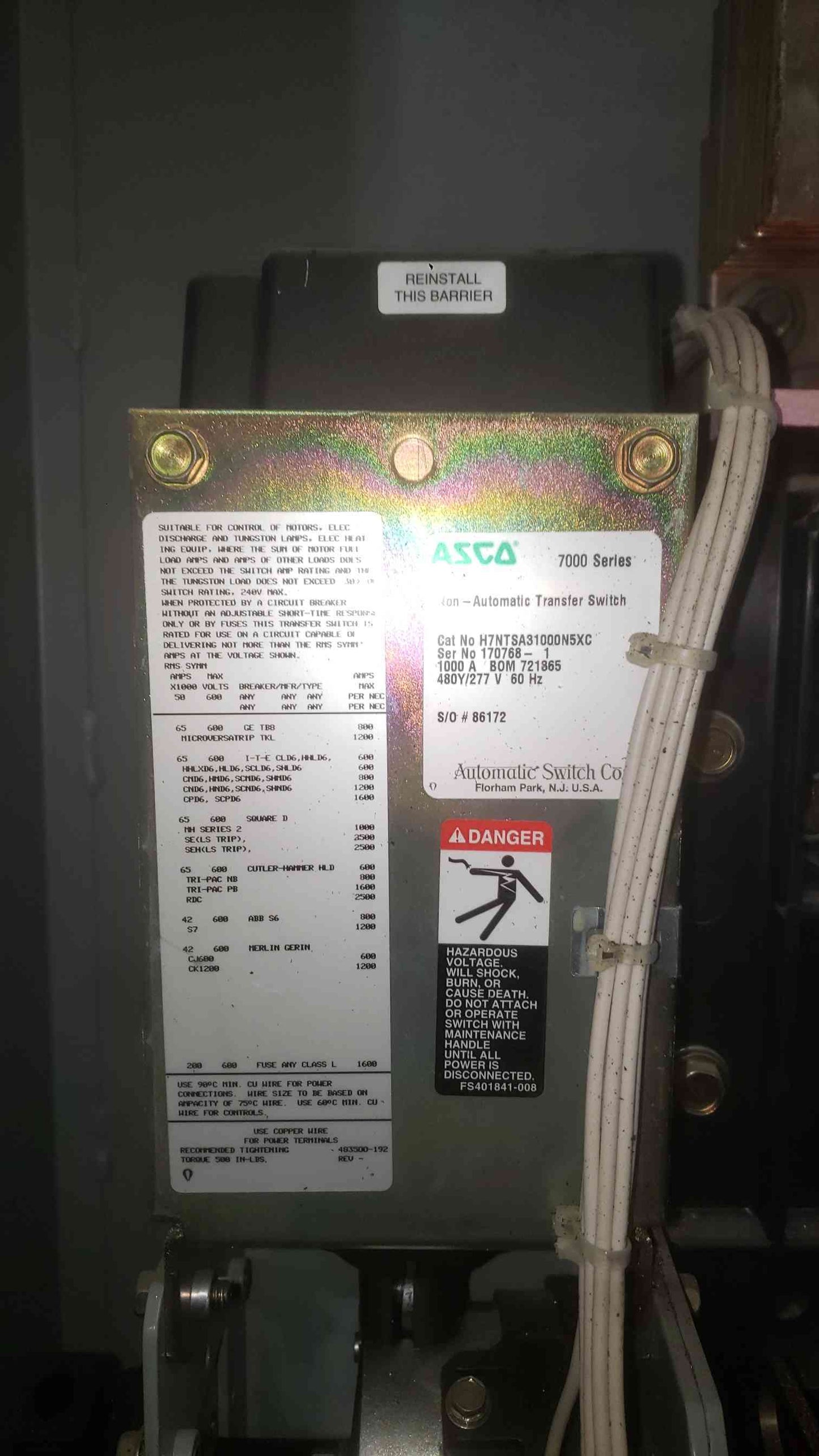 ASCO 7000 Series 1000A Non-Automatic Transfer Switch H7NTSA31000N5XC