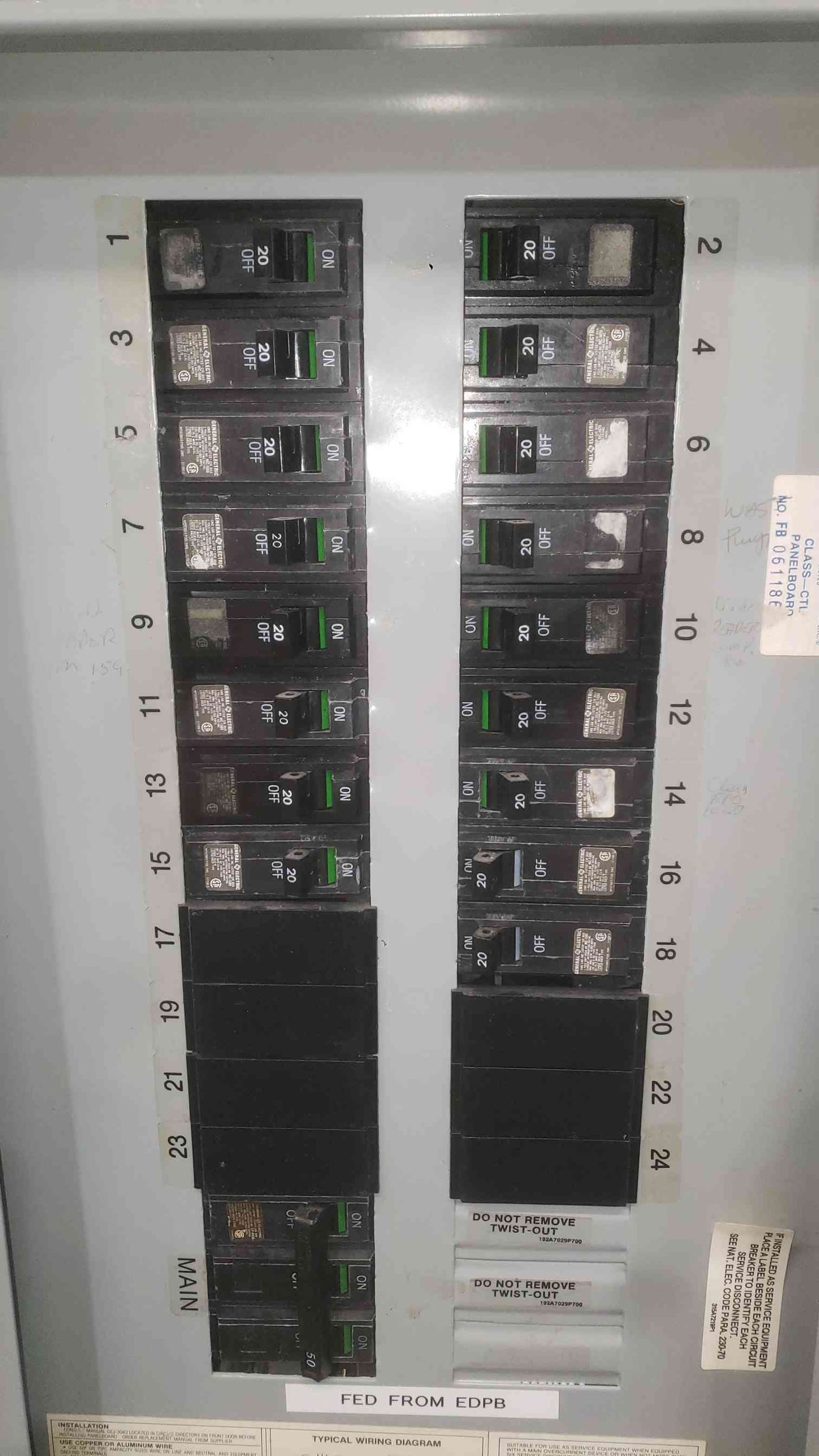 GE 3 Phase 50A Main Panelboard 240V Load Center Box W/ 17x 20A 1x 50A THQB Bolt On Breakers