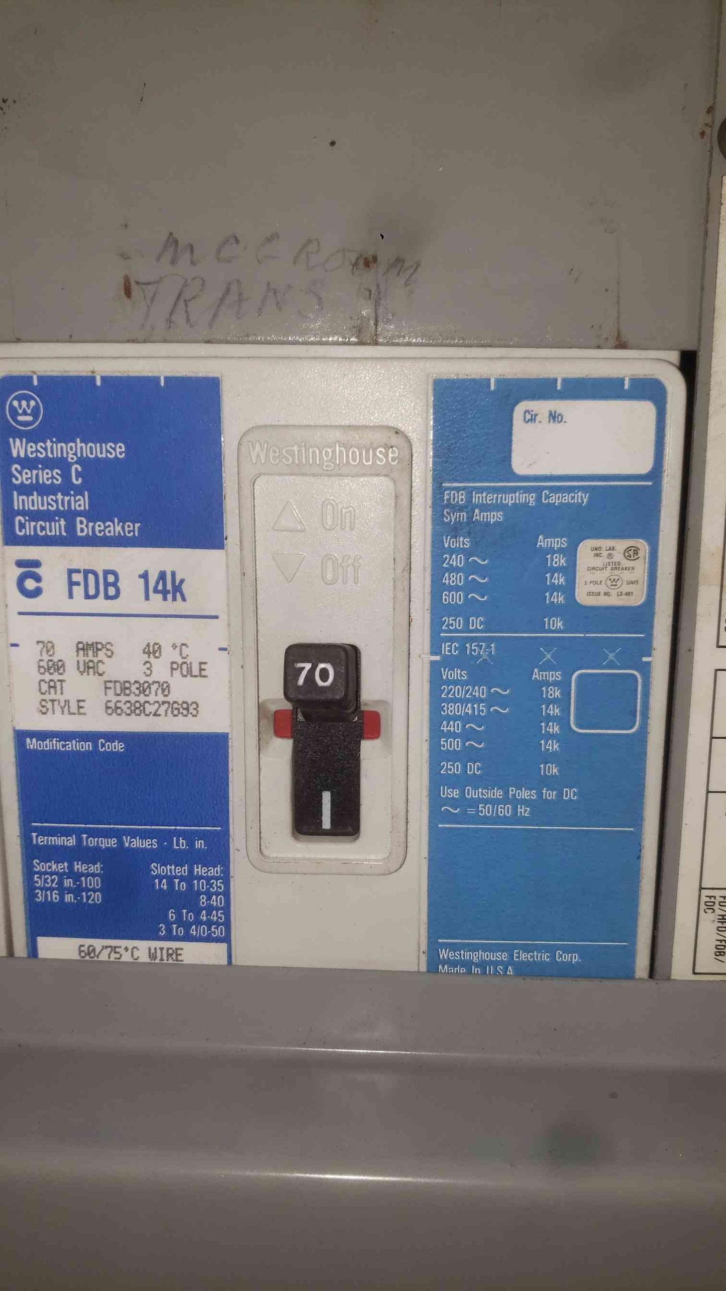 Westinghouse PRL3 400A 480V 3 Phase 42 Ckt Main Breaker Panelboard Series C FDB