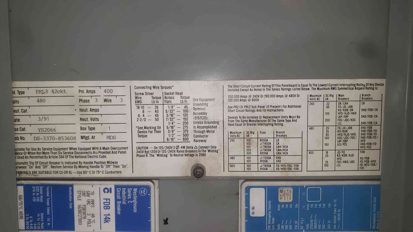 Westinghouse PRL3 400A 480V 3 Phase 42 Ckt Main Breaker Panelboard Series C FDB