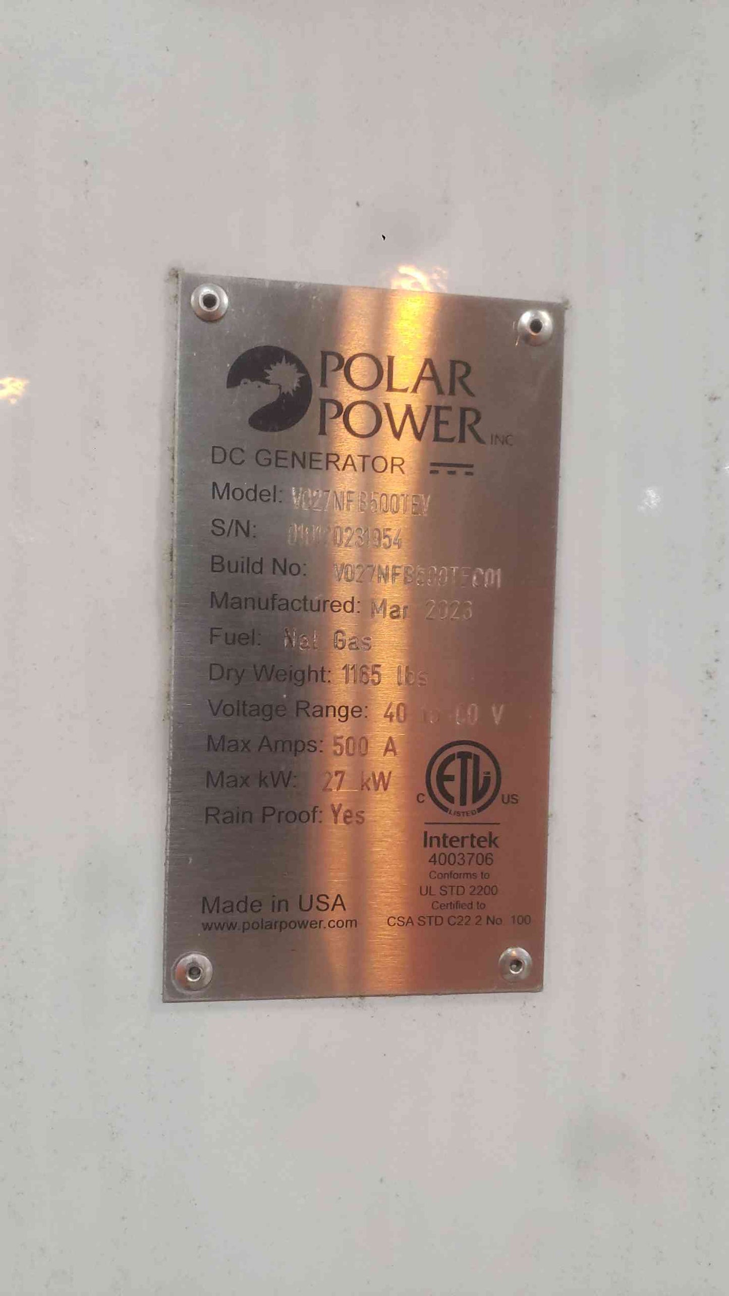 Polar Power 27kW 48V DC Generator 500A Natural Gas Telecom V027NFB500TEV