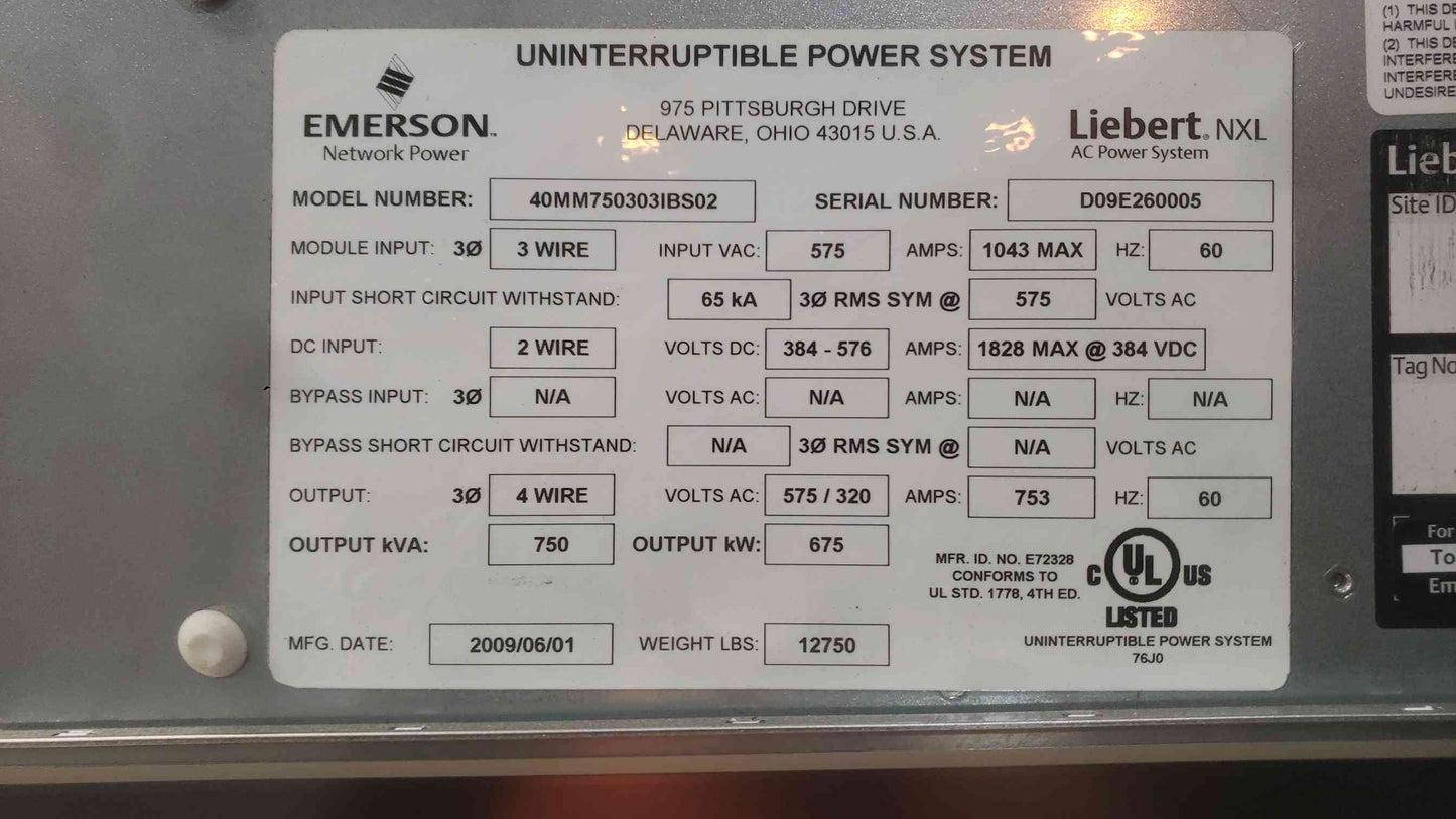Liebert NXL 750kVA 675kW 3 Phase Online UPS System 575V 40MM750303IBS02 Emerson