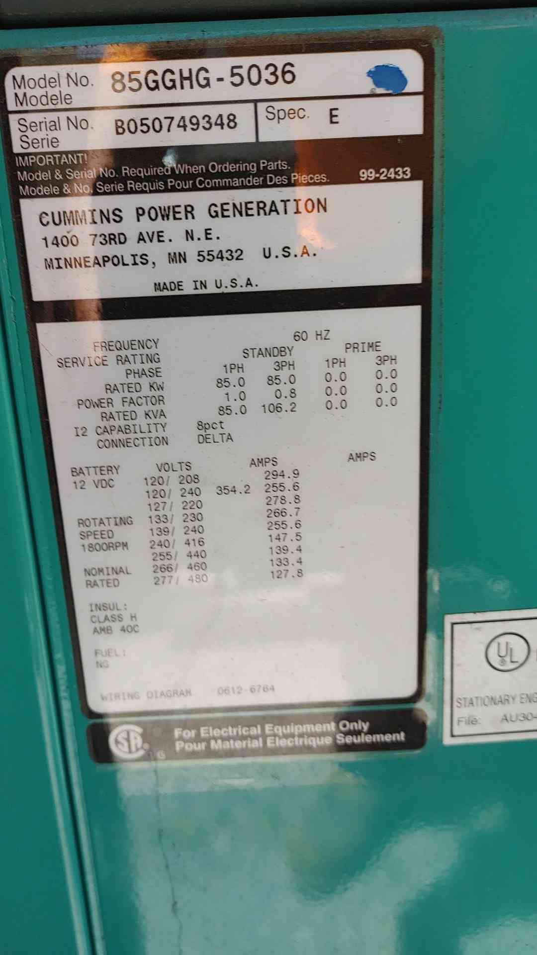 85KW Cummins 85GGHG-5036 120/240V 354.2/255.9A 1&3PH LP/NG 1468 Hrs. TESTED
