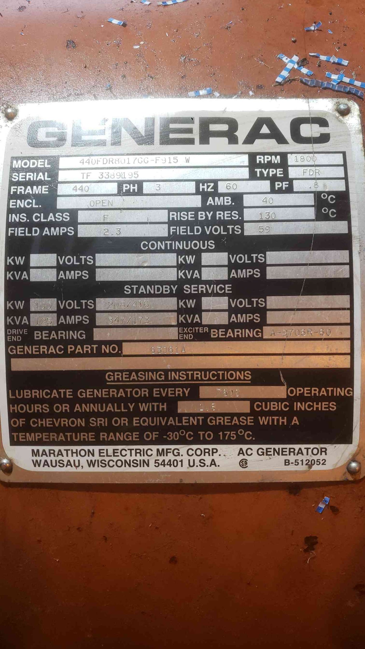 100KW Generac 440FDR8017GG-F915 W 277/480V 347/173A 3PH Diesel 628.6 Hrs. TESTED (SKU: 1588AA)