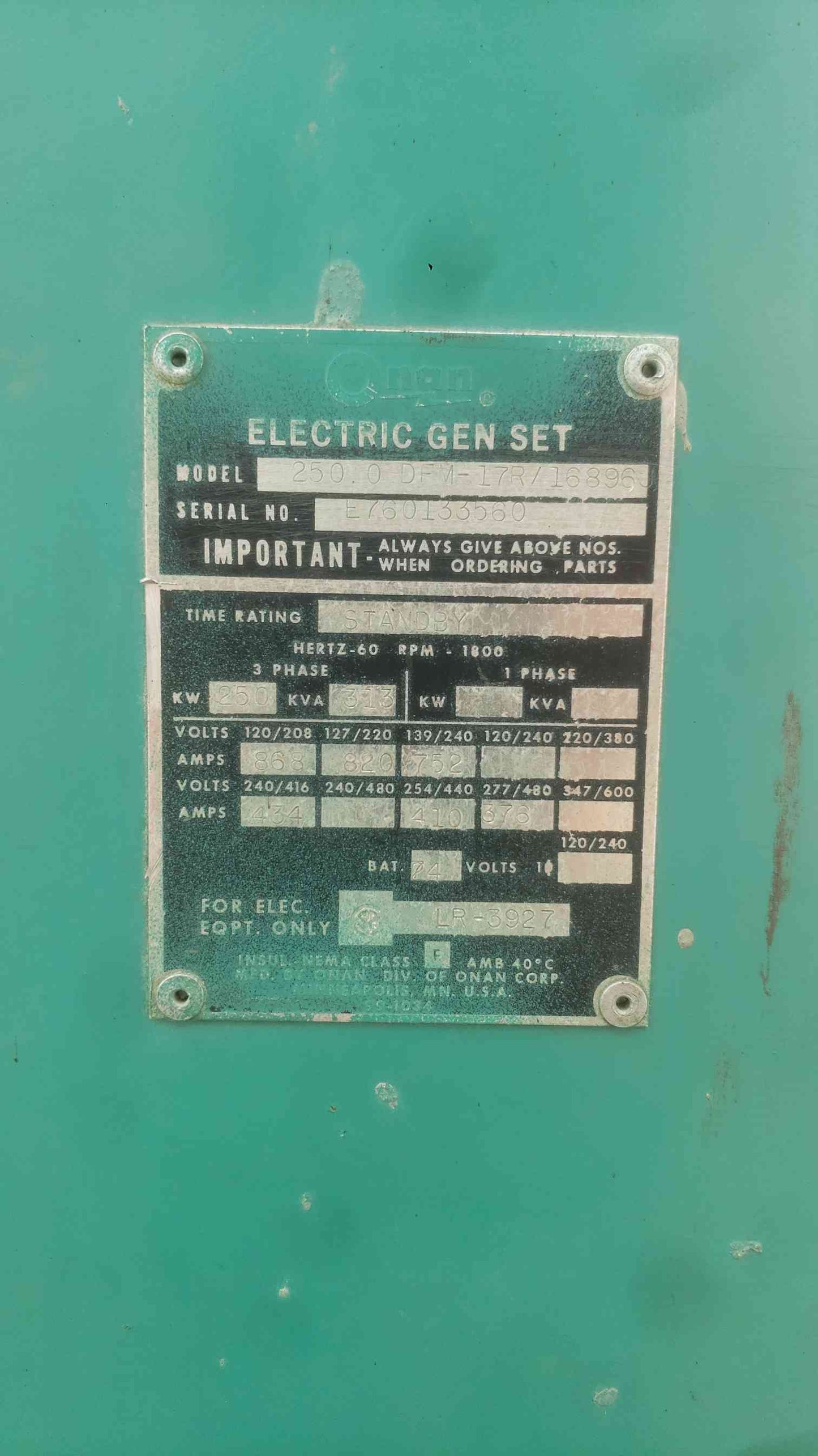 Onan 250 kW Standby Diesel Generator Cummins NT855 3 Phase 120/208V 277/480V 1616Hr