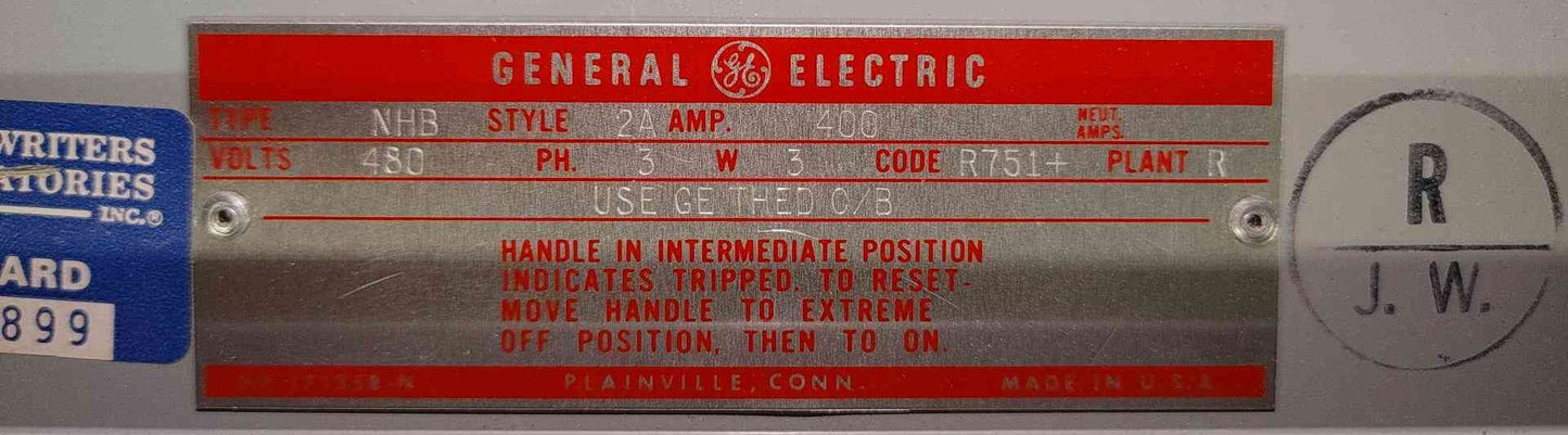 GE Type NHB 400A 480V 3PH Panelboard Enclosure 400A 100A 30A 20A THED Breakers