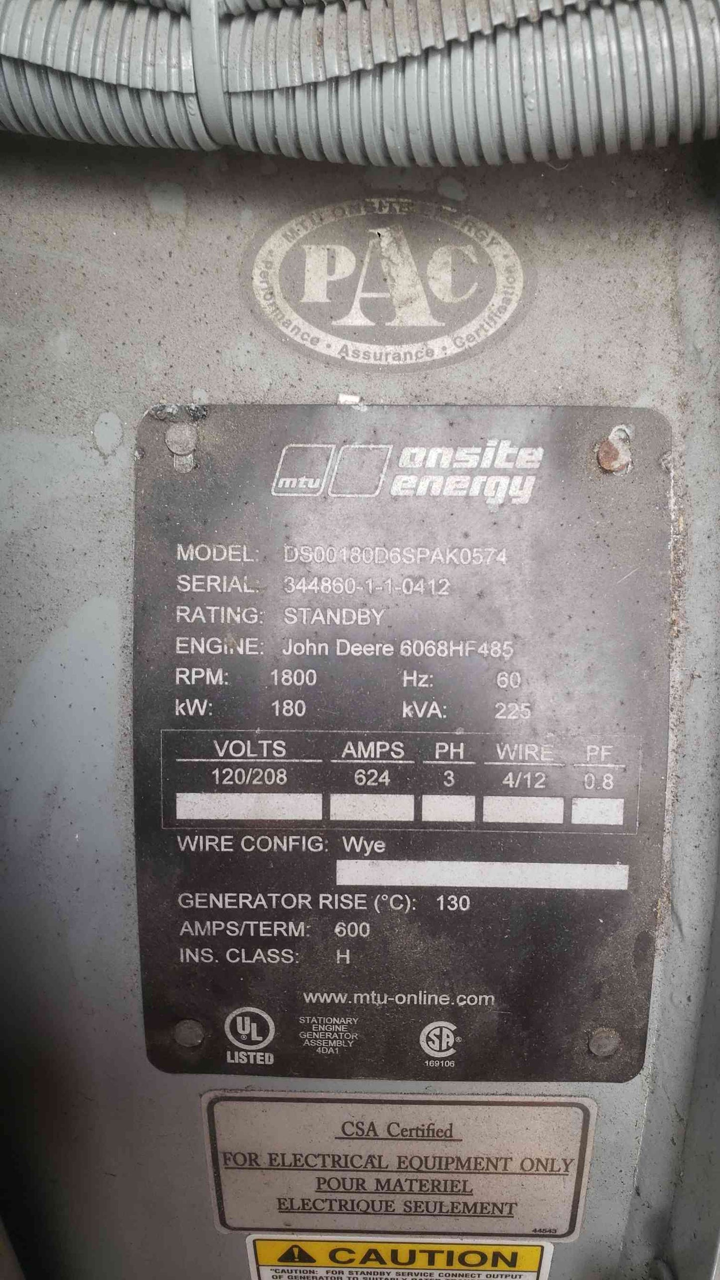 MTU 180kW Diesel Generator - John Deere 6068 - 120/208V 3PH - Only 277 Hours TESTED & VIDEO (SKU: 112637)
