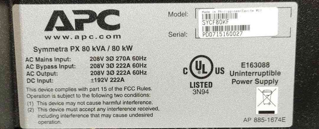 APC Symmetra PX 80kW 80kVA 208V 3 Phase UPS System SYCF80KF Battery PDU Lineup