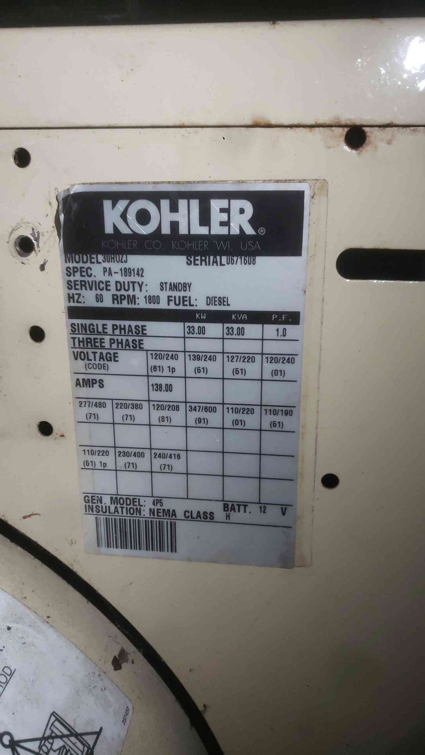 Kohler 30ROZJ 33kW Commercial Diesel Generator Enclosed Sub-Base Tank 836 Hrs