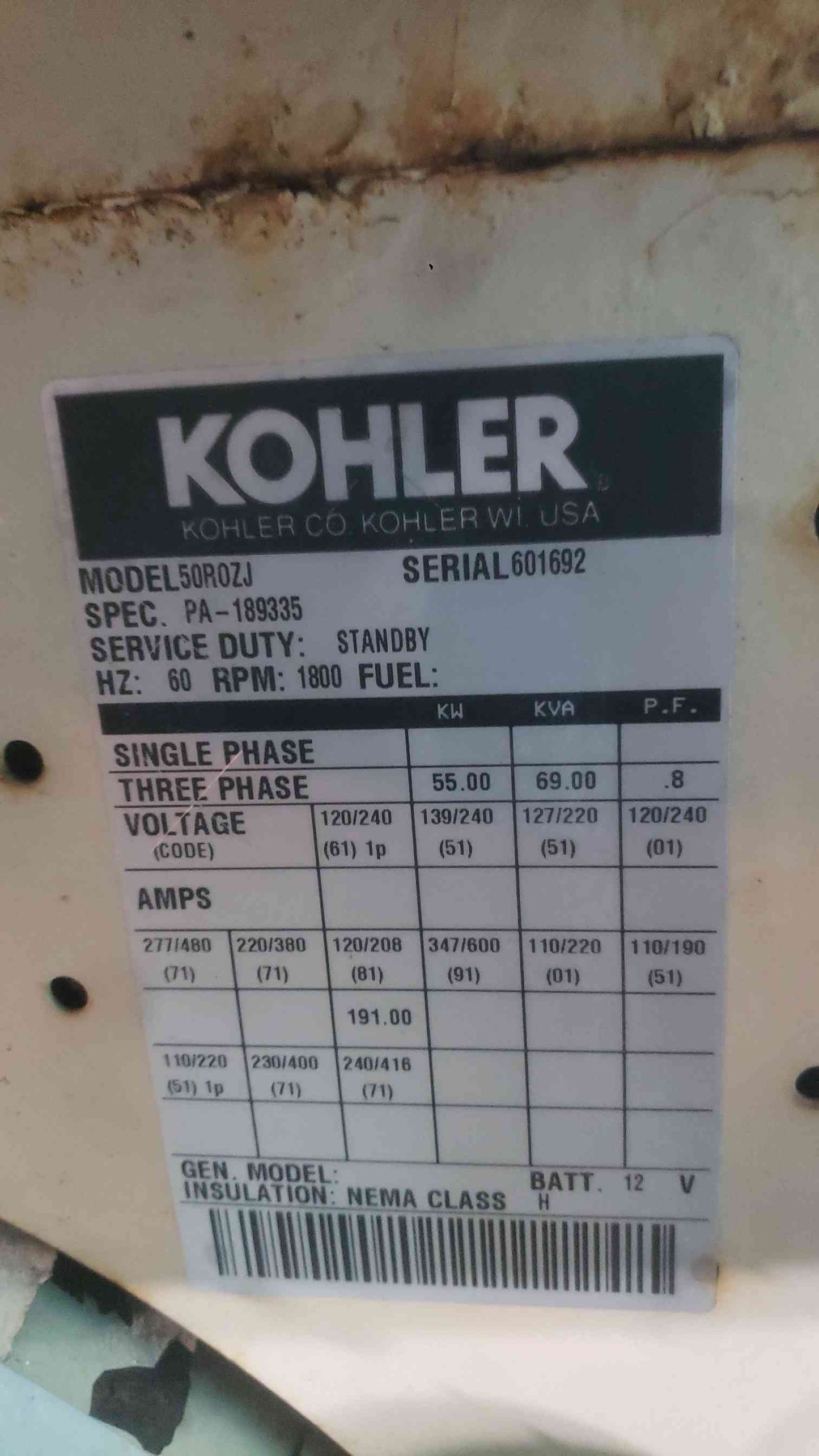 Kohler 50ROZJ 50kW Diesel Generator Enclosed Sub-Base Tank 120/208V 3PH 935 Hrs