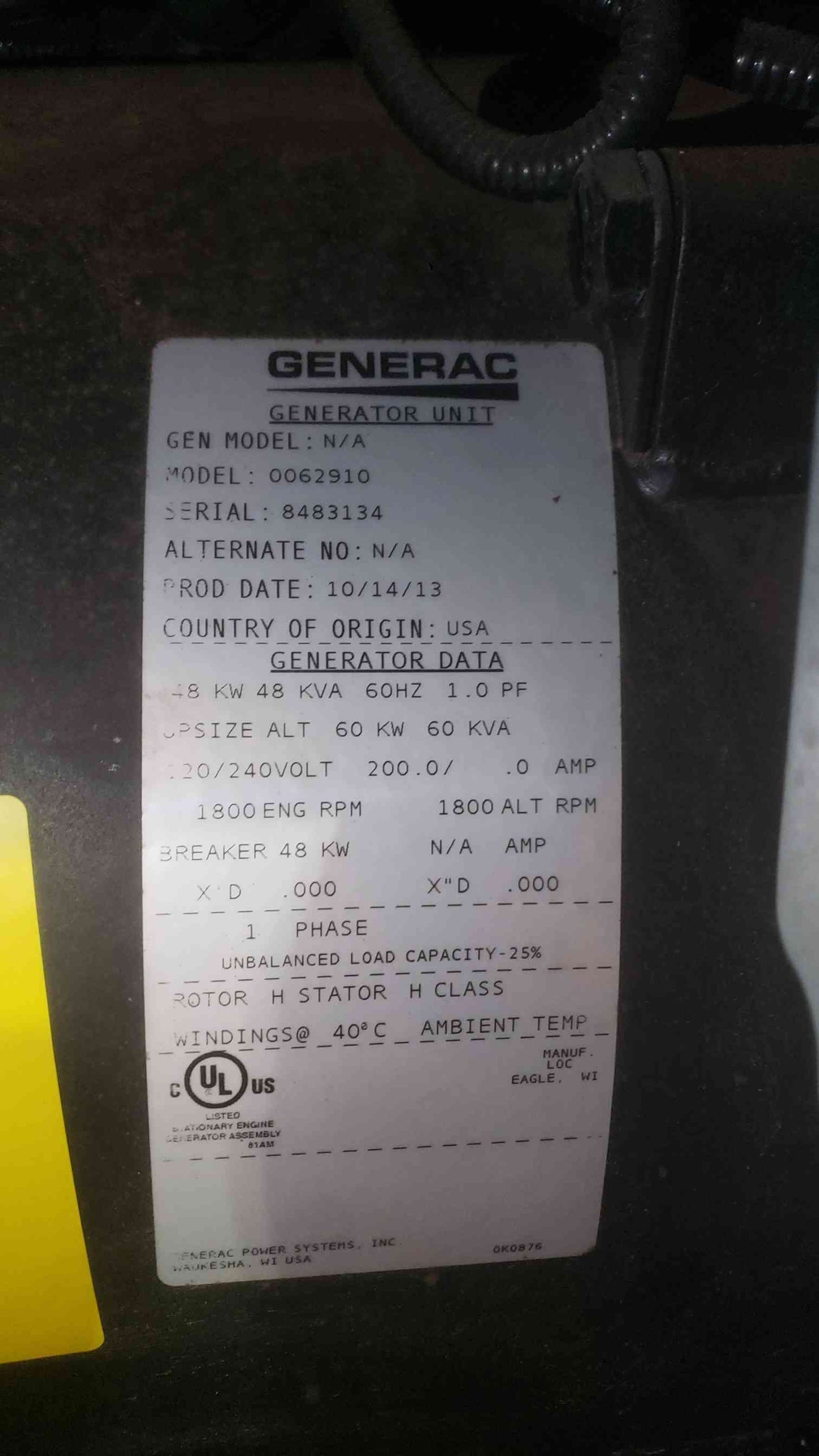 48KW Generac 0062910 120/240 200A 1PH Diesel 323.5 Hrs. TESTED (SKU: 114501)