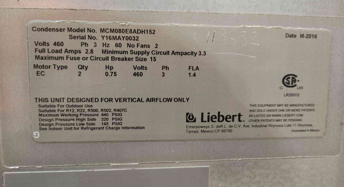 Liebert MCM080 Outdoor Microchannel Condenser MCM080E8ADH152 460V 2 Fan EC