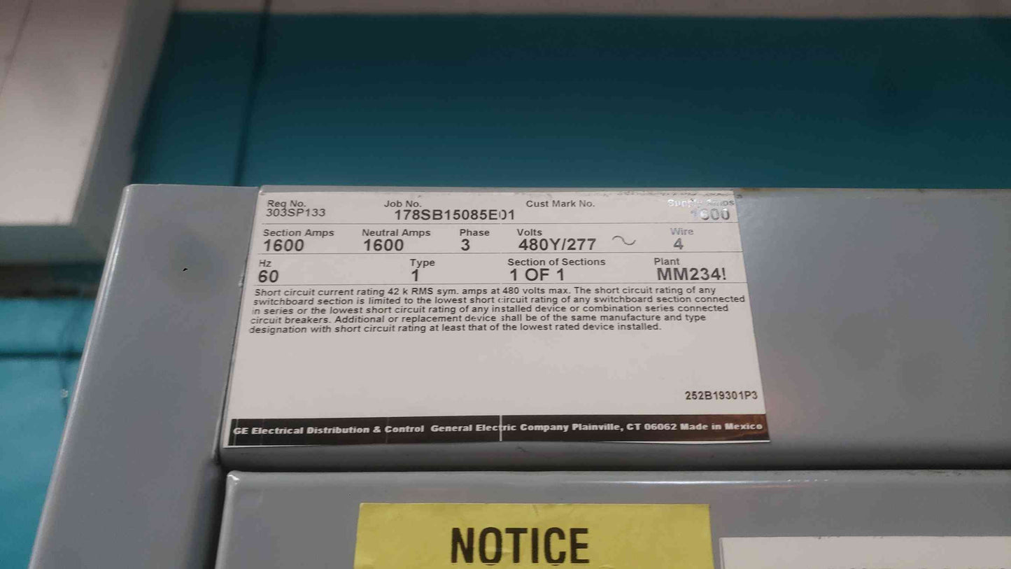 GE Spectra Series Switchboard 1600A 480Y/277V 3PH Solar Main Gear Panel Enclosure