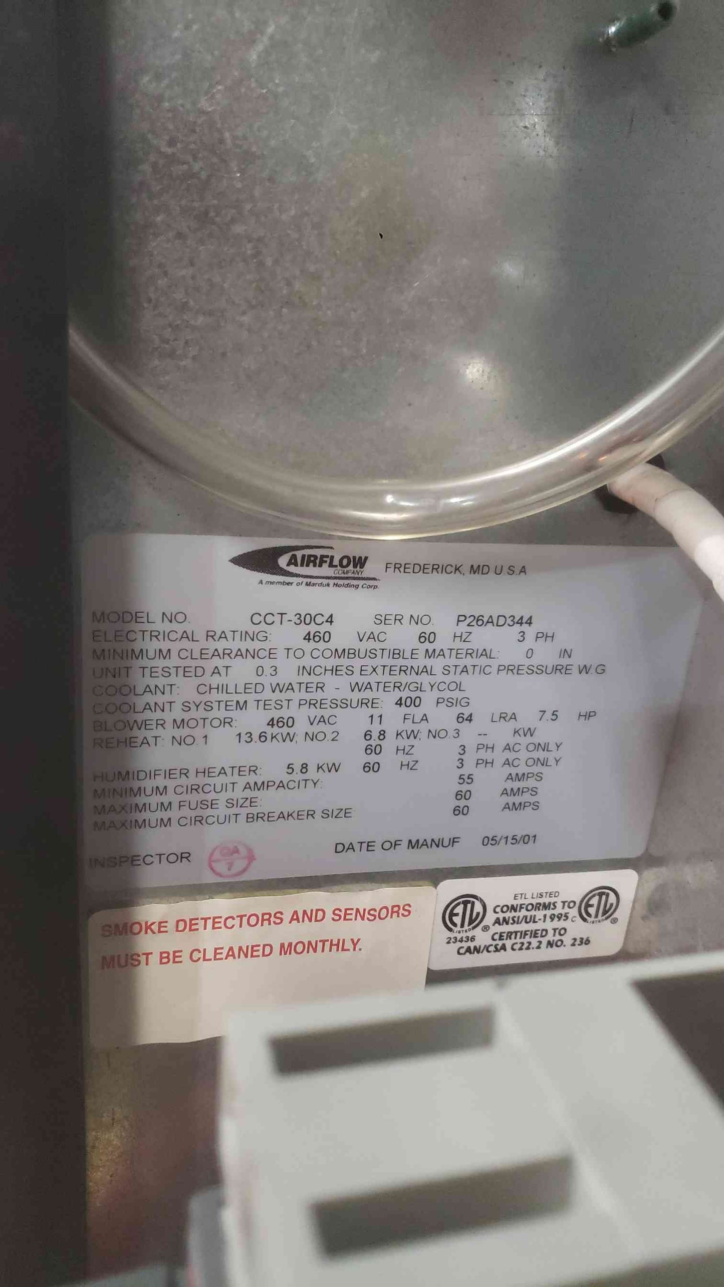 Airflow Company CCT-30C4 Data Center CRAC AC Unit 460V 3PH Chilled Water Glycol