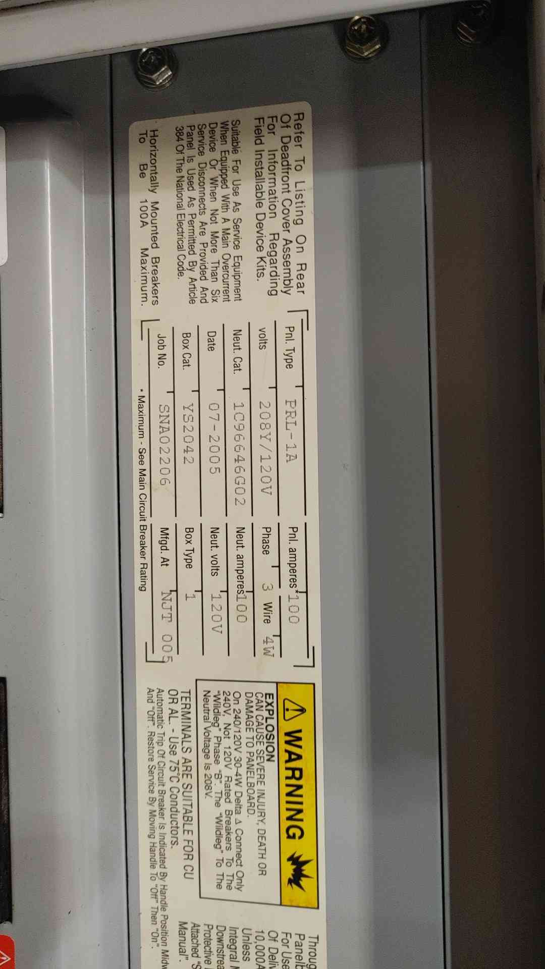 Cutler-Hammer PRL-1A 100A 208Y/120V Panelboard Load Center w/ BAB Breakers