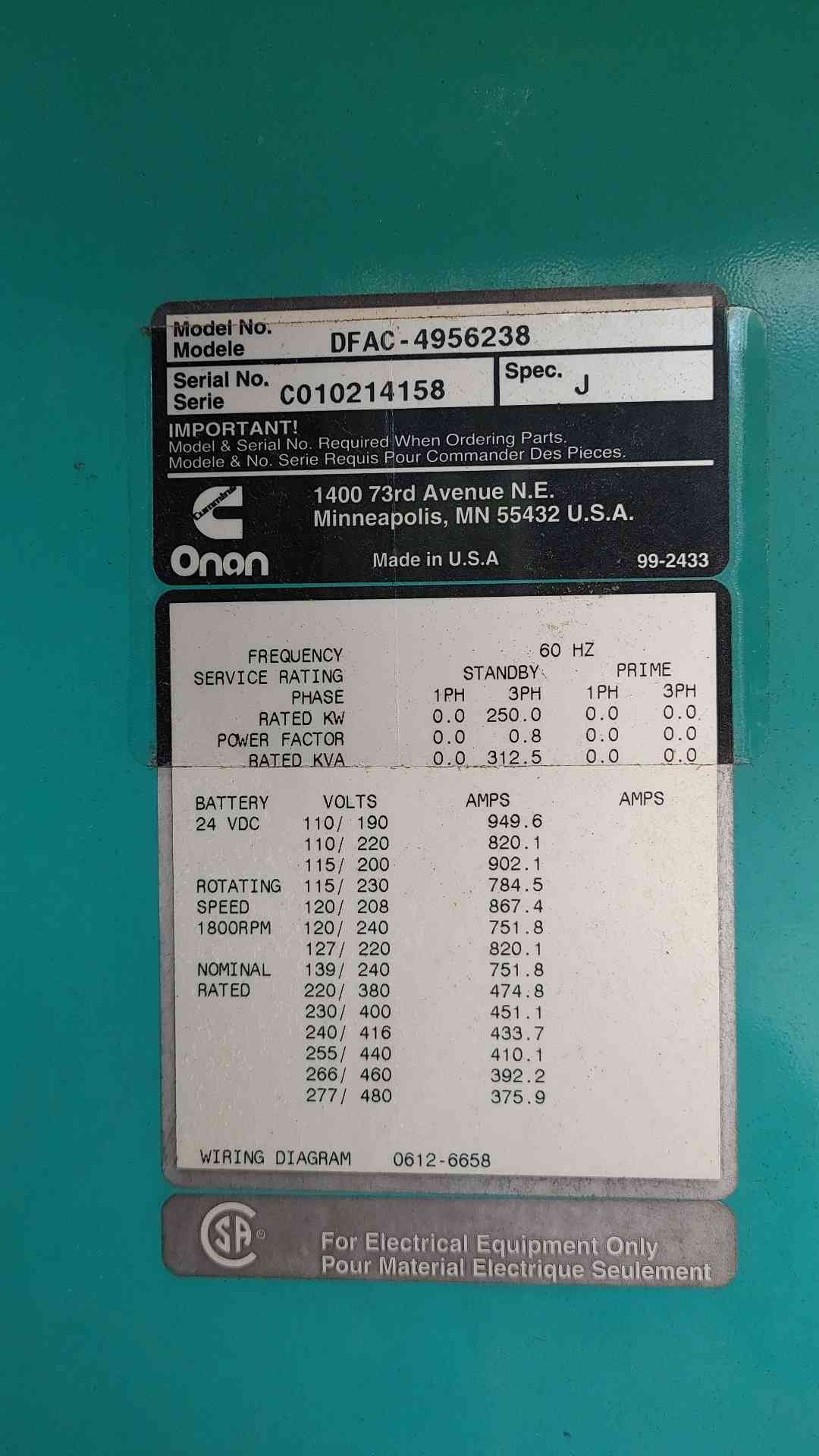 Cummins Onan DFAC 250kW Diesel Generator Enclosed 277/480V 120/208V 250 kW Genset