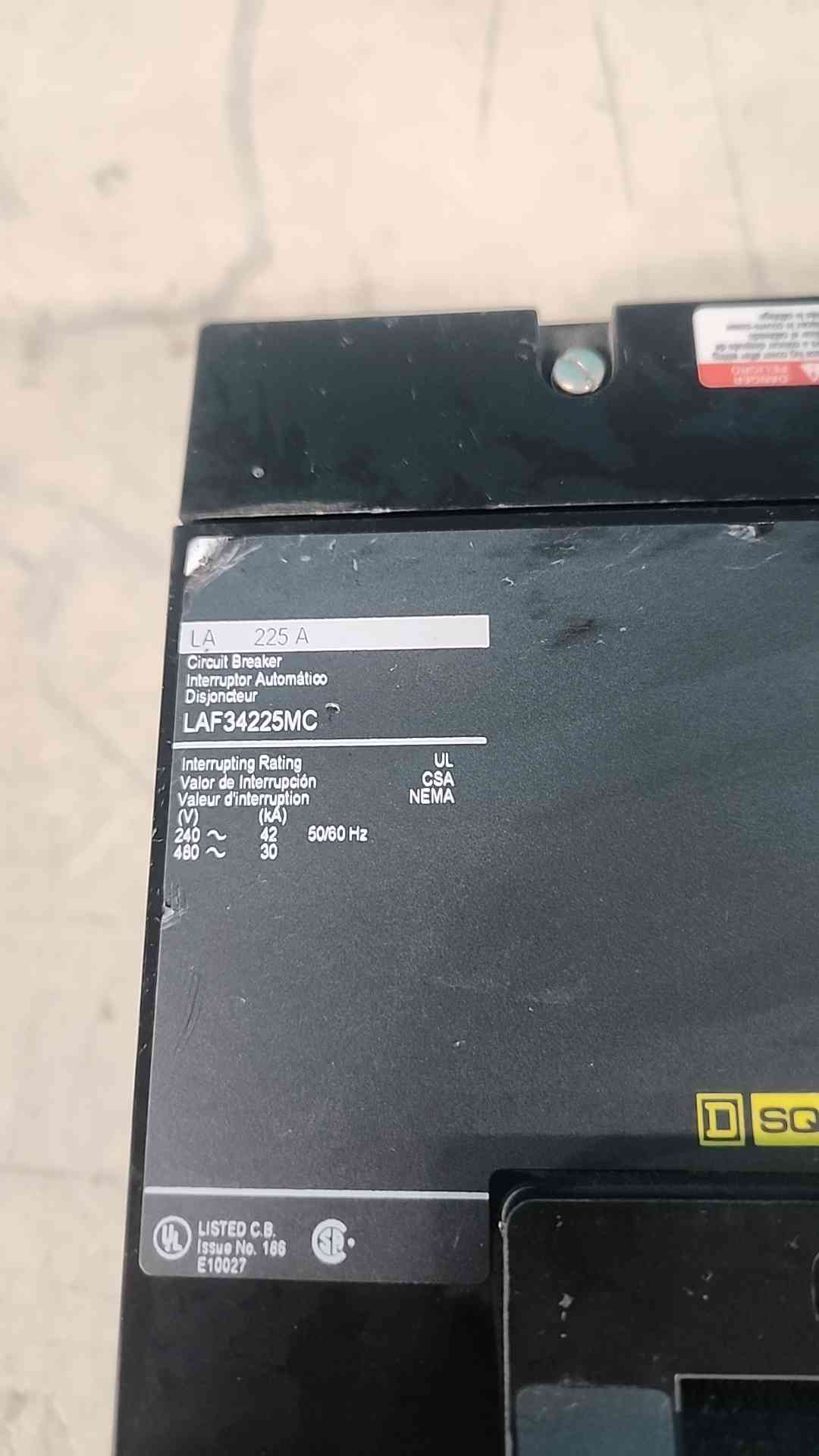 Square D LAF34225MC 225A 3 Pole 480V I-Line Circuit Breaker LAF34225 225 Amp LA