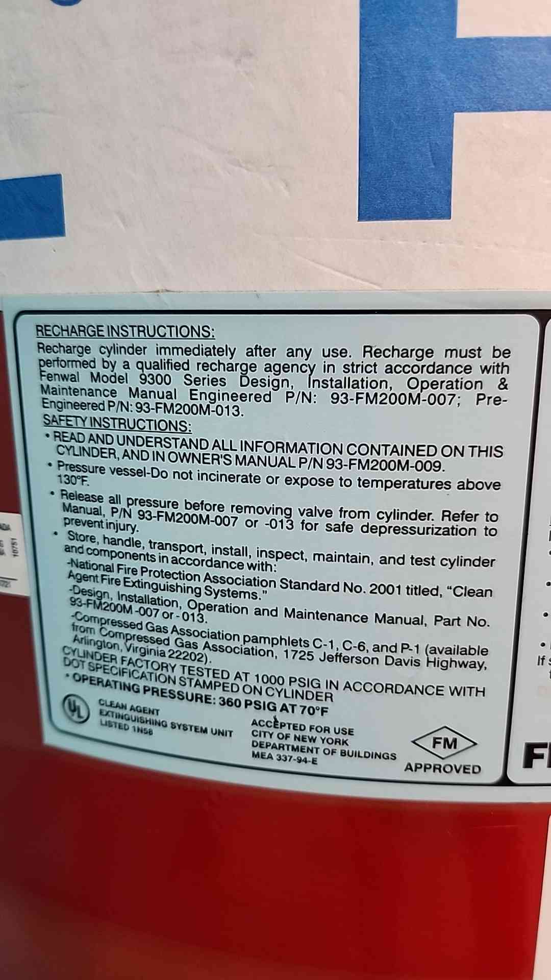 Fenwal 705 LBS Full 356 LBS FM-200 Agent Fire Suppression System (SKU: 115240)